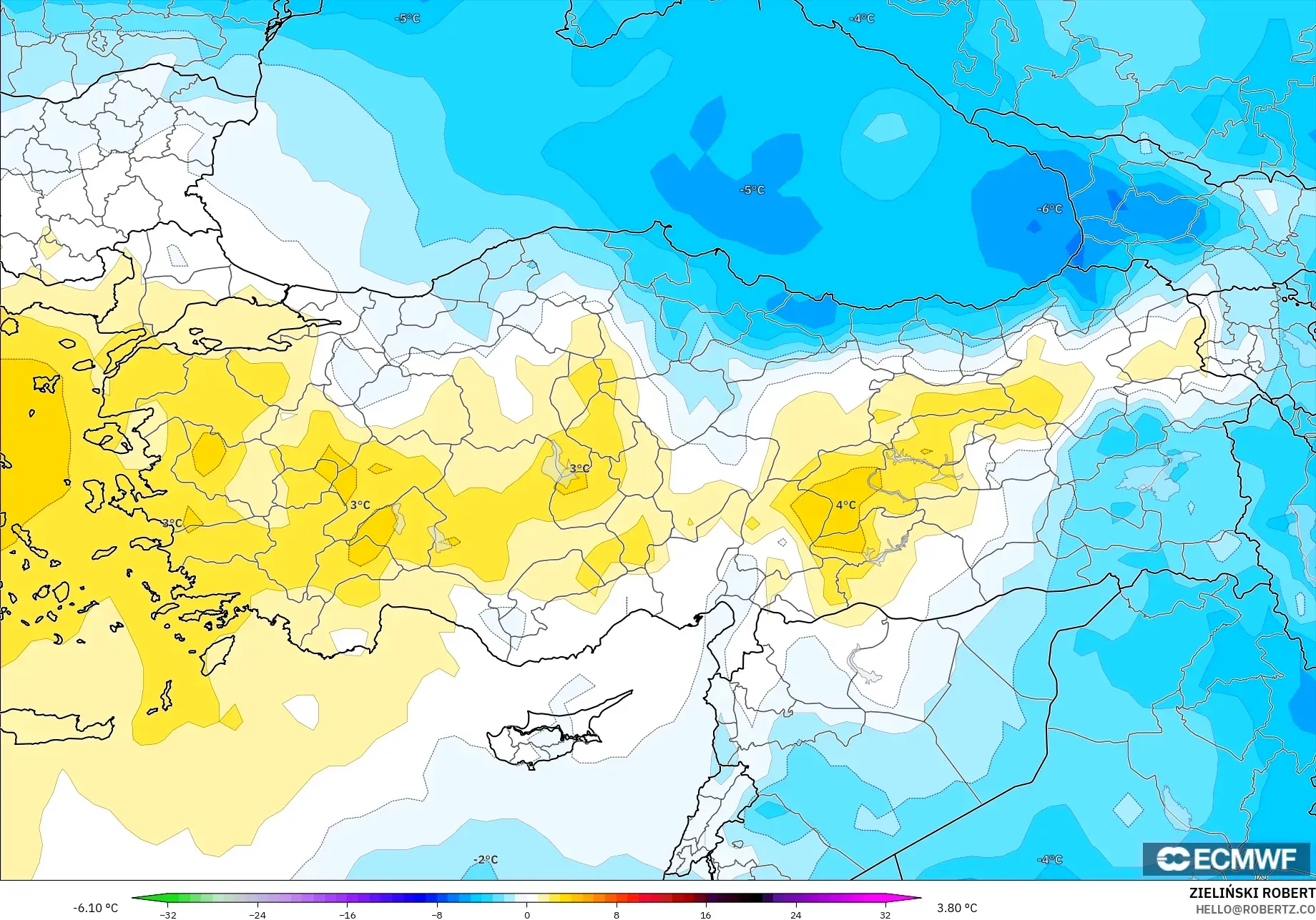 ECMWF IFS 0,25° modelo - Turquia, Anomalia de temperatura a 850 hPa