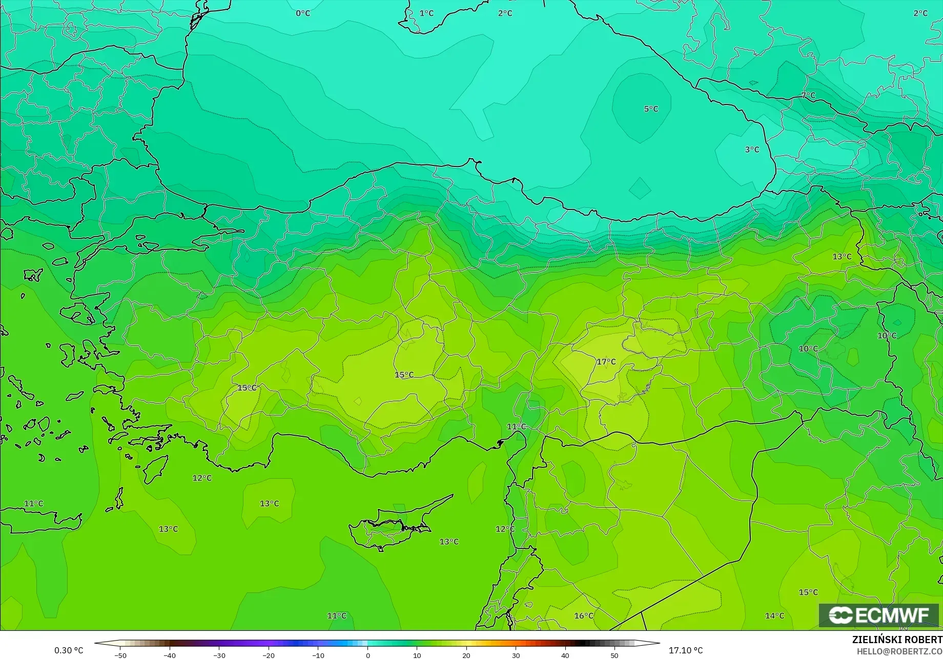 ECMWF IFS 0,25° modelo - Turquia, Temperatura a 850 hPa
