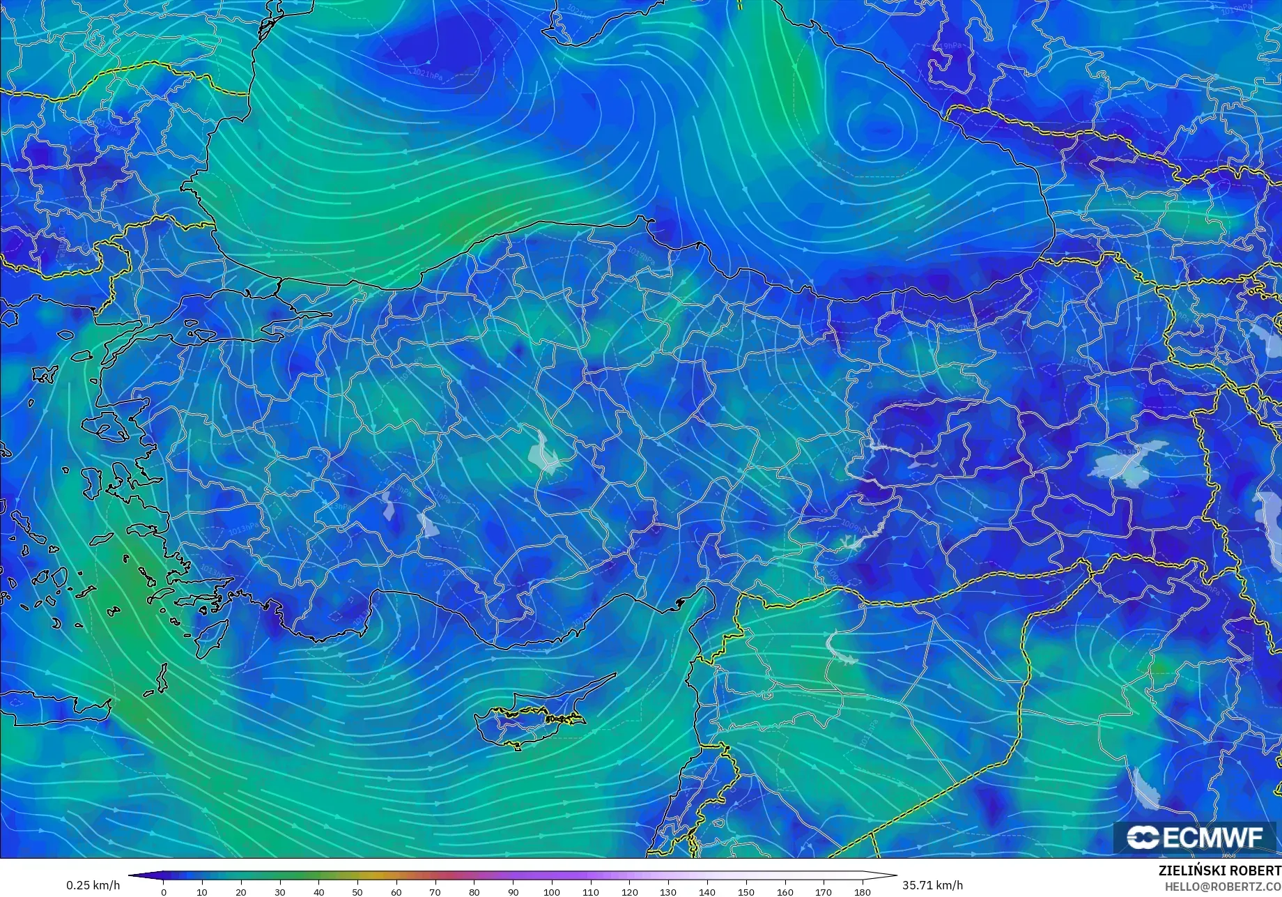 ECMWF IFS 0,25° modelo - Turquia, Vento a 10 m