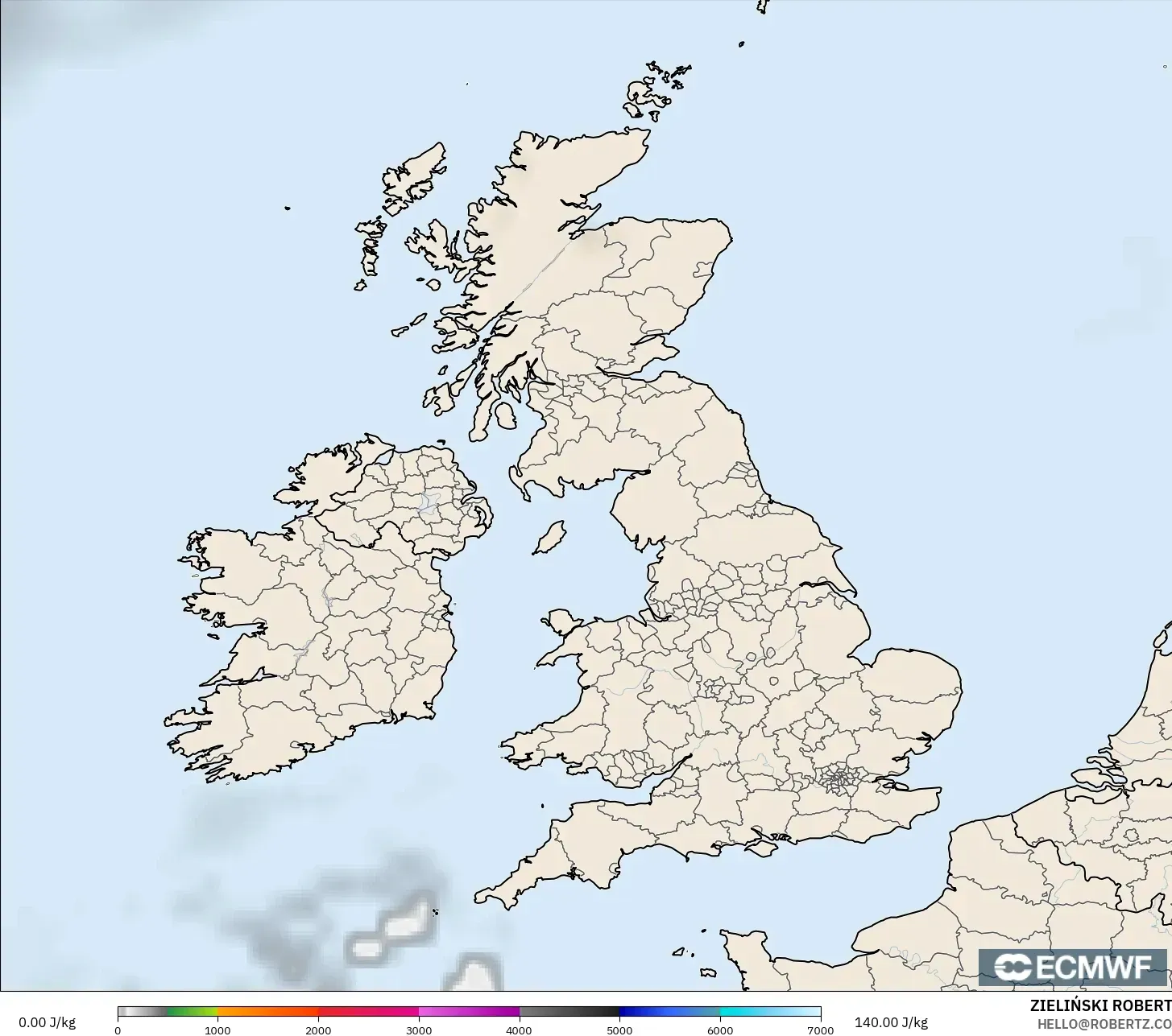 ECMWF IFS 0,25° modelo - Reino Unido, CAPE