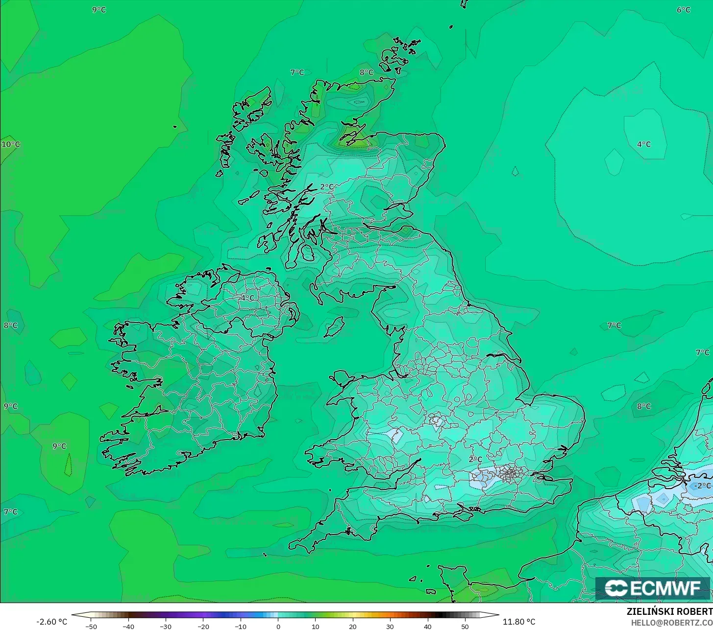 ECMWF IFS 0,25° modelo - Reino Unido, Ponto de orvalho a 2 m