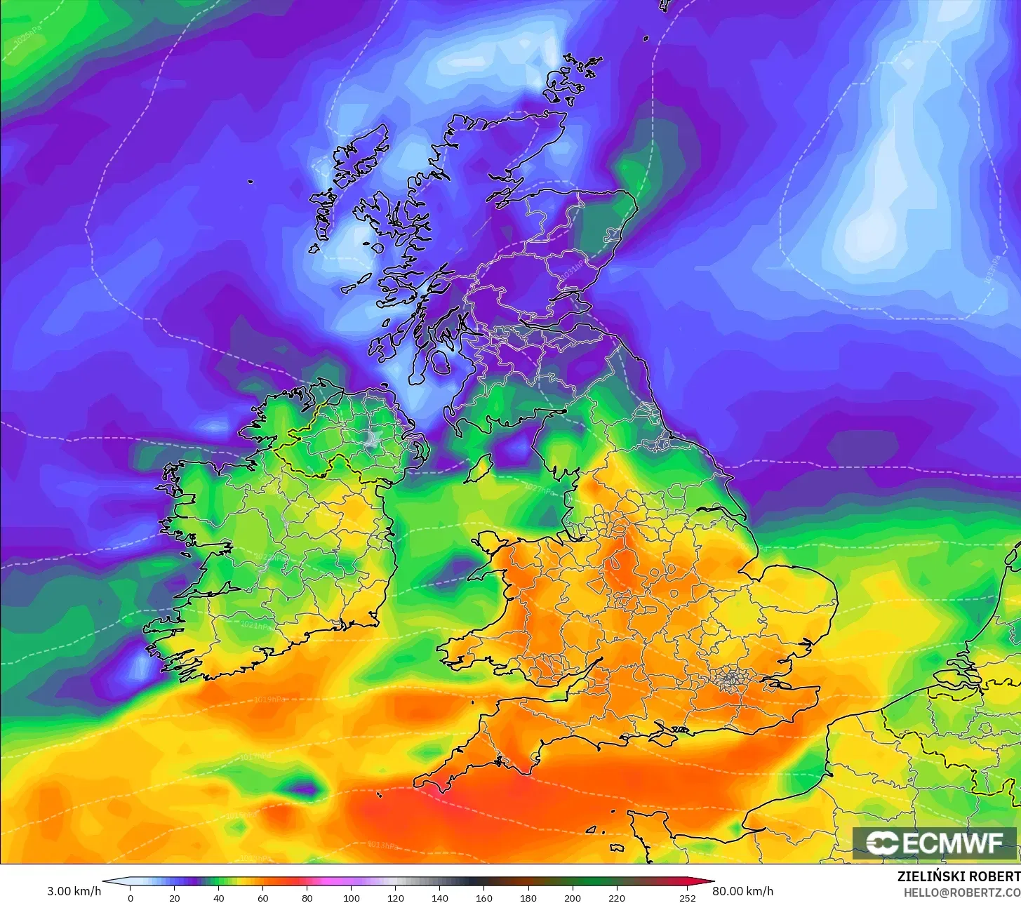 ECMWF IFS 0,25° modelo - Reino Unido, Rajadas de Vento Máximas
