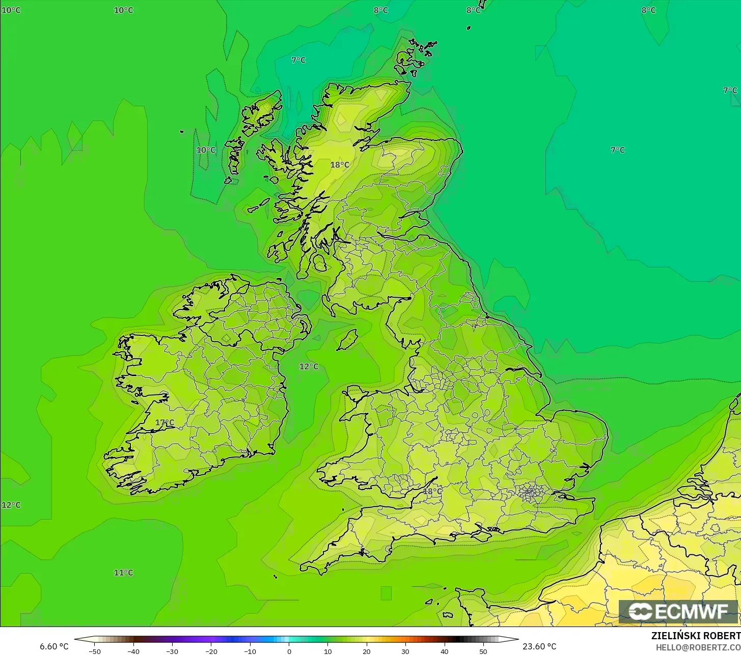 ECMWF IFS 0,25° modelo - Reino Unido, Temperatura a 2 m