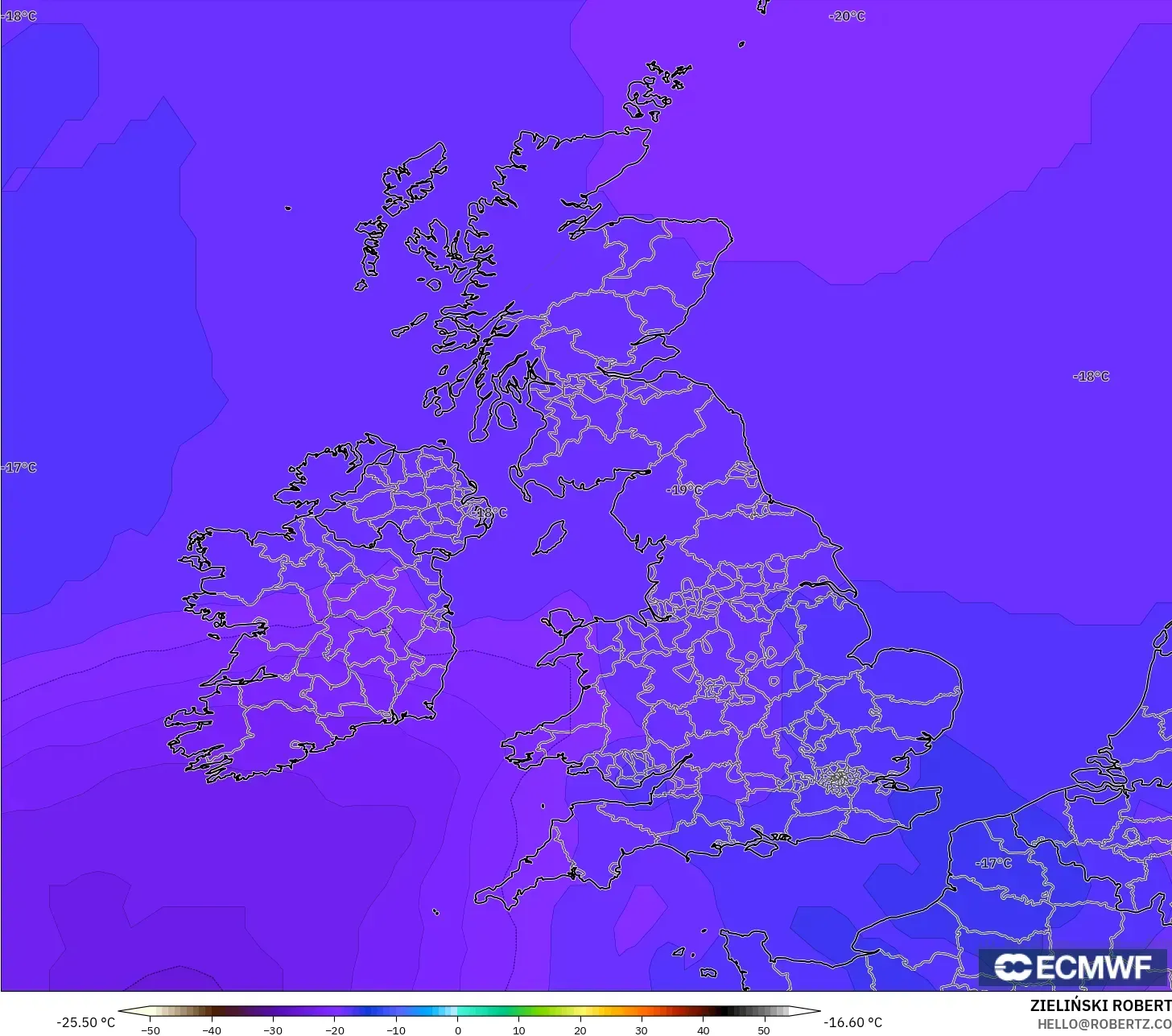 ECMWF IFS 0,25° modelo - Reino Unido, Temperatura a 500 hPa