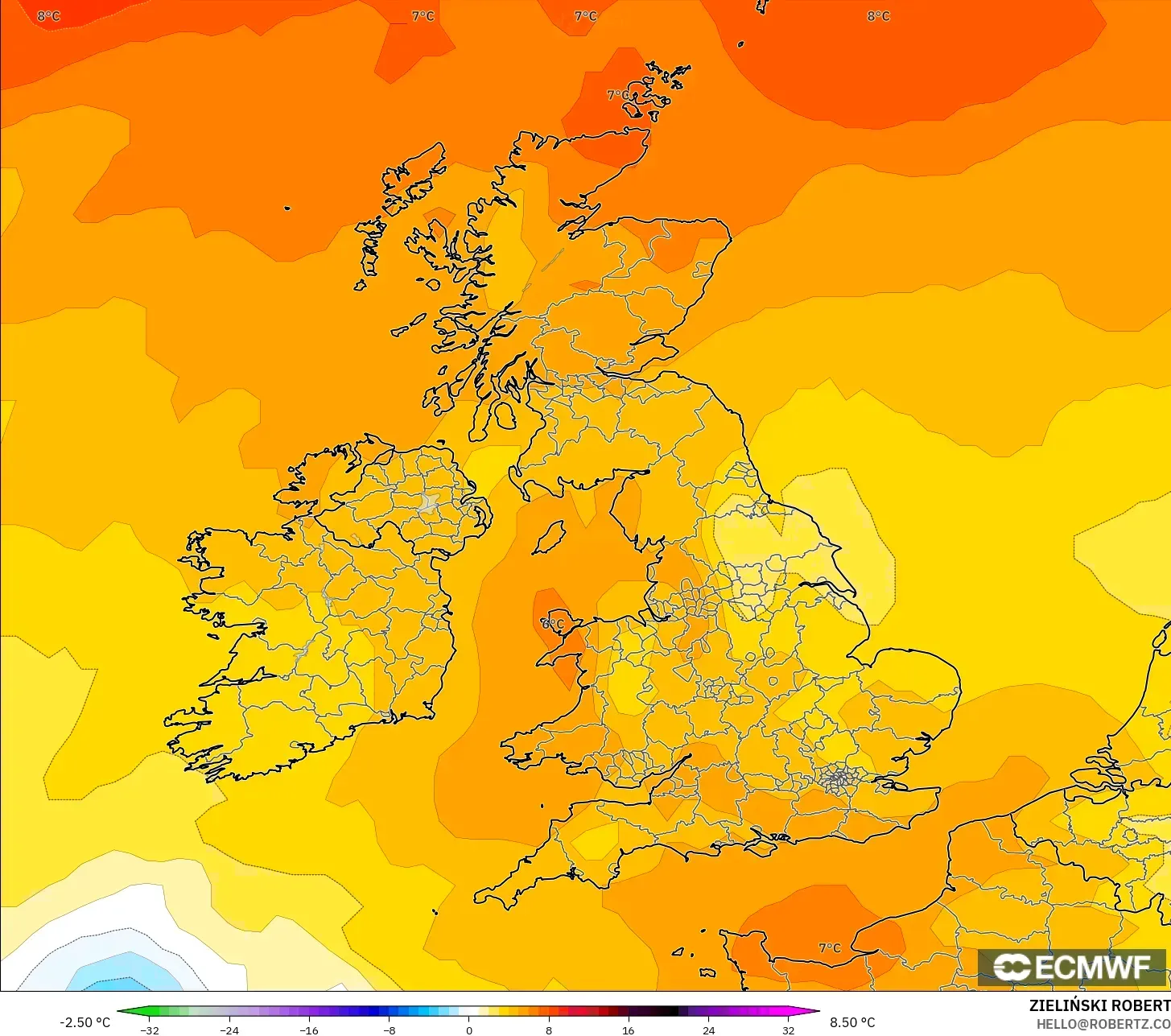 ECMWF IFS 0,25° modelo - Reino Unido, Anomalia de temperatura a 850 hPa