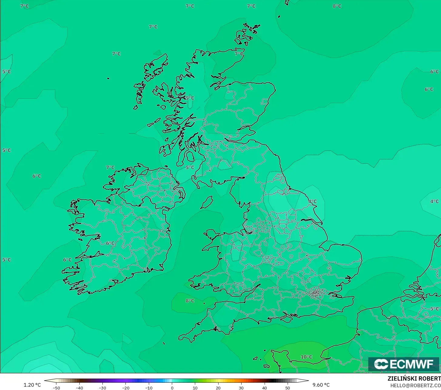 ECMWF IFS 0,25° modelo - Reino Unido, Temperatura a 850 hPa