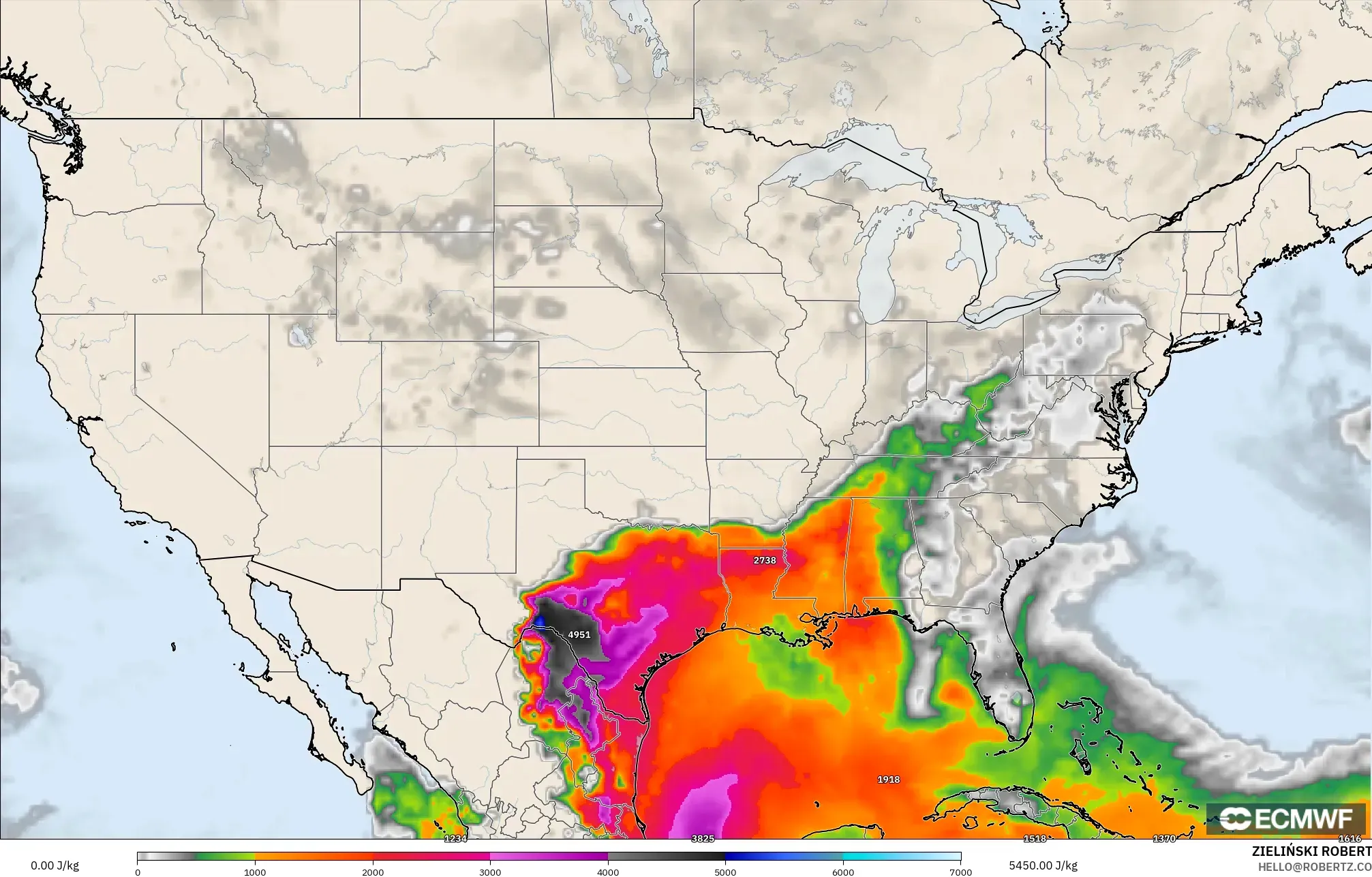ECMWF IFS 0,25° modelo - Estados Unidos, CAPE