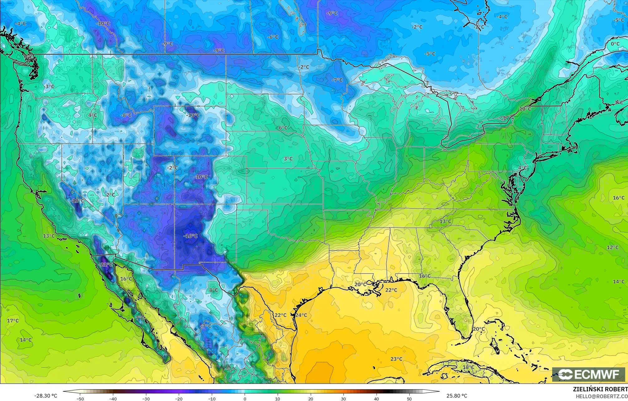 ECMWF IFS 0,25° modelo - Estados Unidos, Ponto de orvalho a 2 m