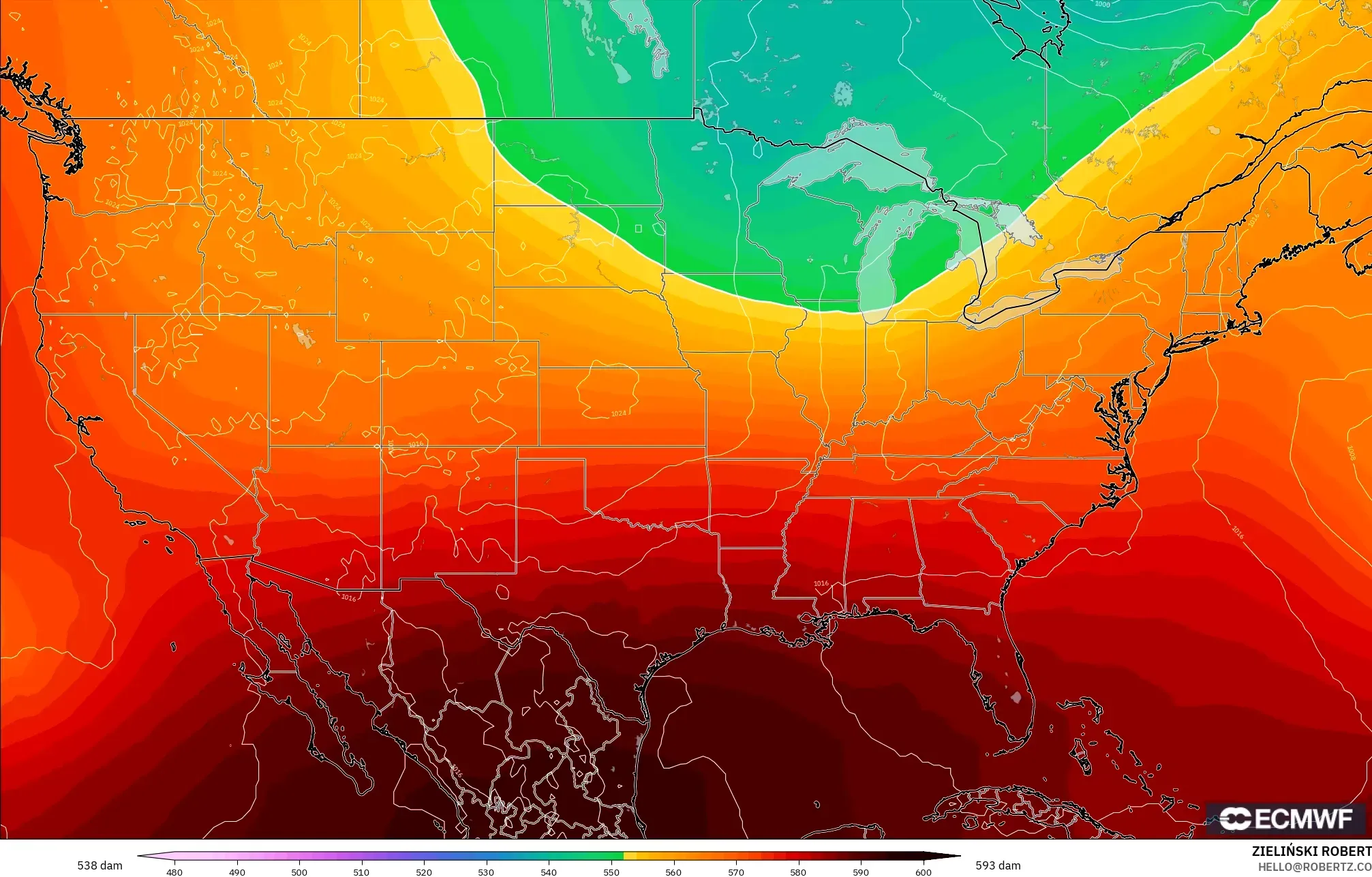 ECMWF IFS 0,25° modelo - Estados Unidos, Altura geopotencial a 500 hPa