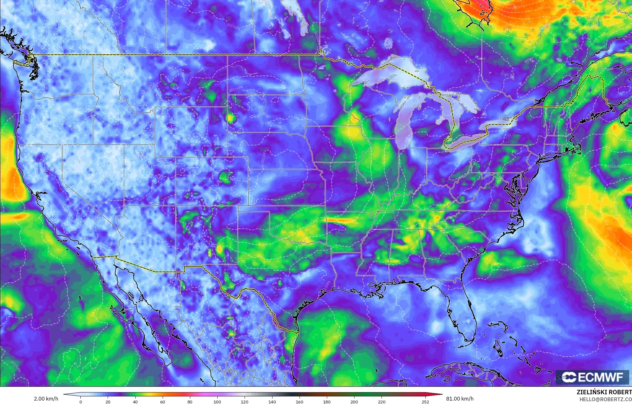 ECMWF IFS 0,25° modelo - Estados Unidos, Rajadas de vento
