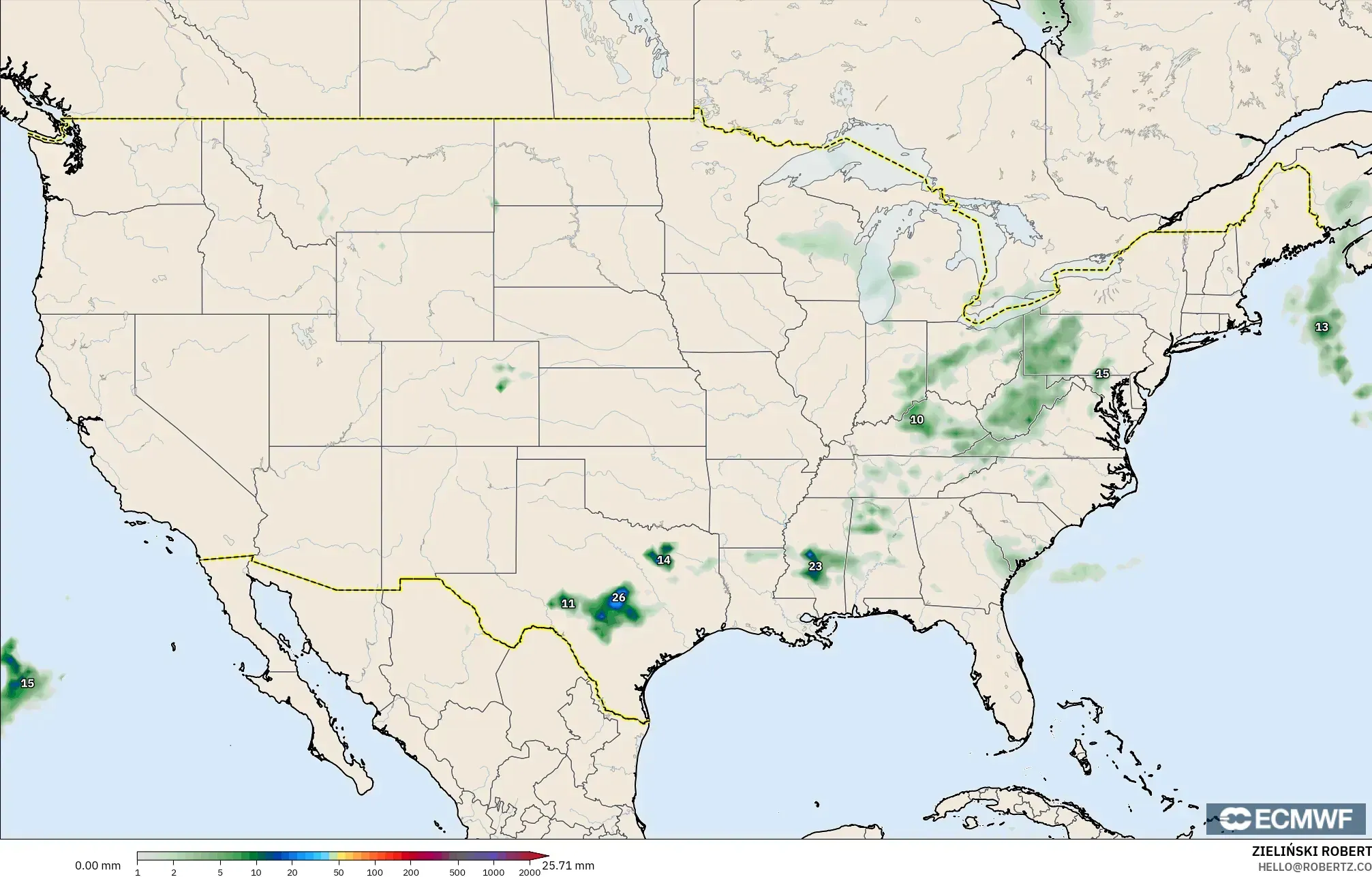 ECMWF IFS 0,25° modelo - Estados Unidos, Acúmulo de precipitação