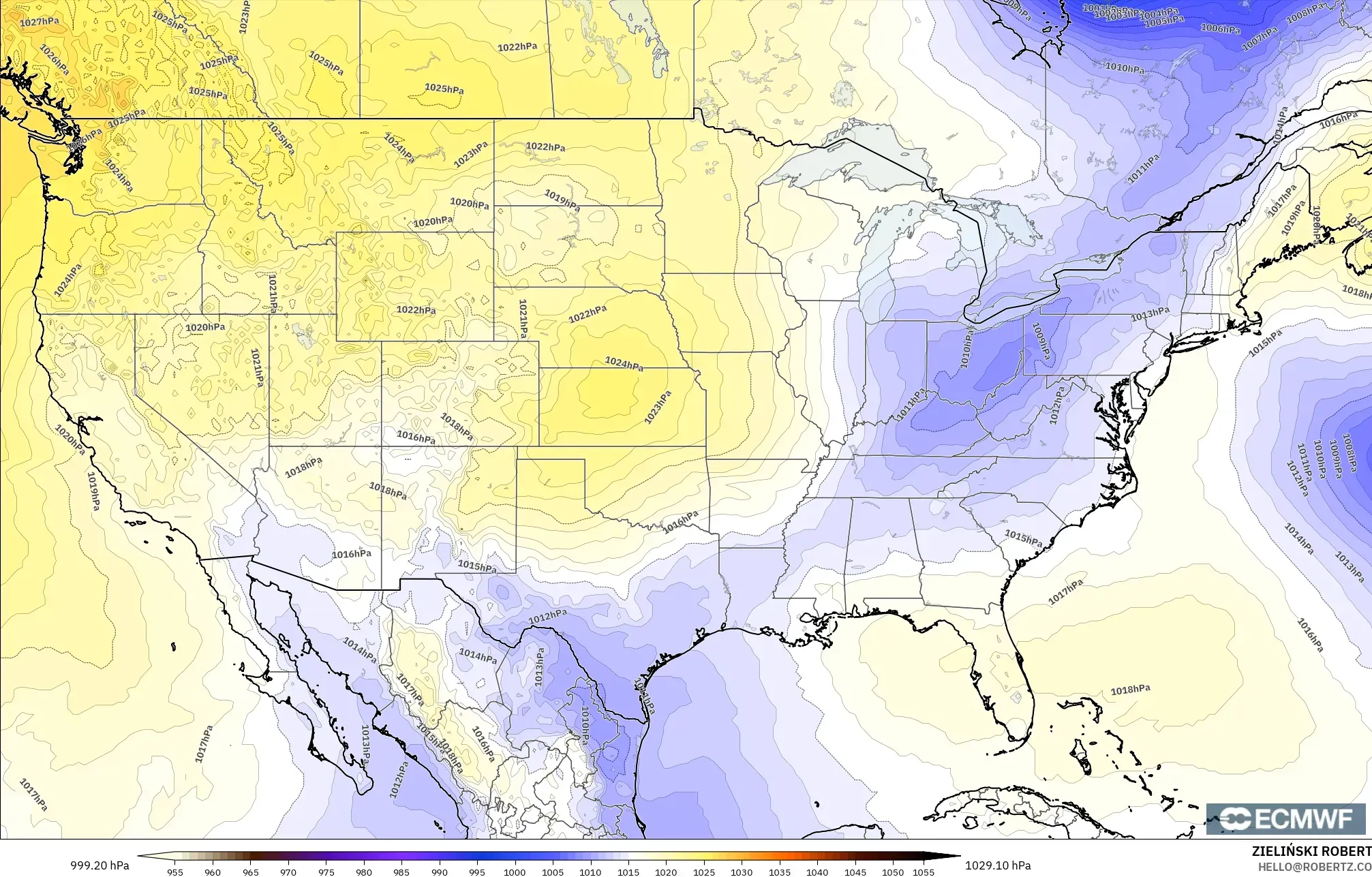 ECMWF IFS 0,25° modelo - Estados Unidos, Pressão