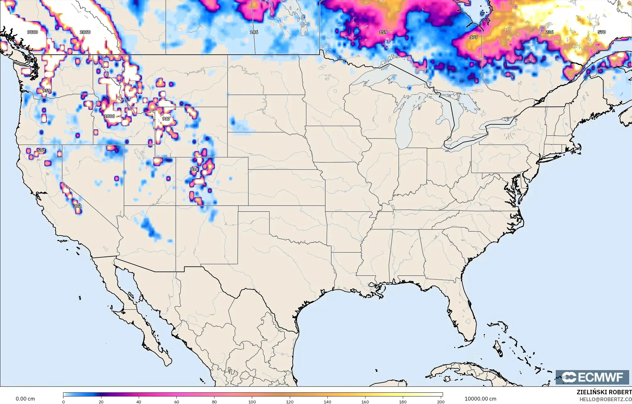 ECMWF IFS 0,25° modelo - Estados Unidos, Profundidade da neve