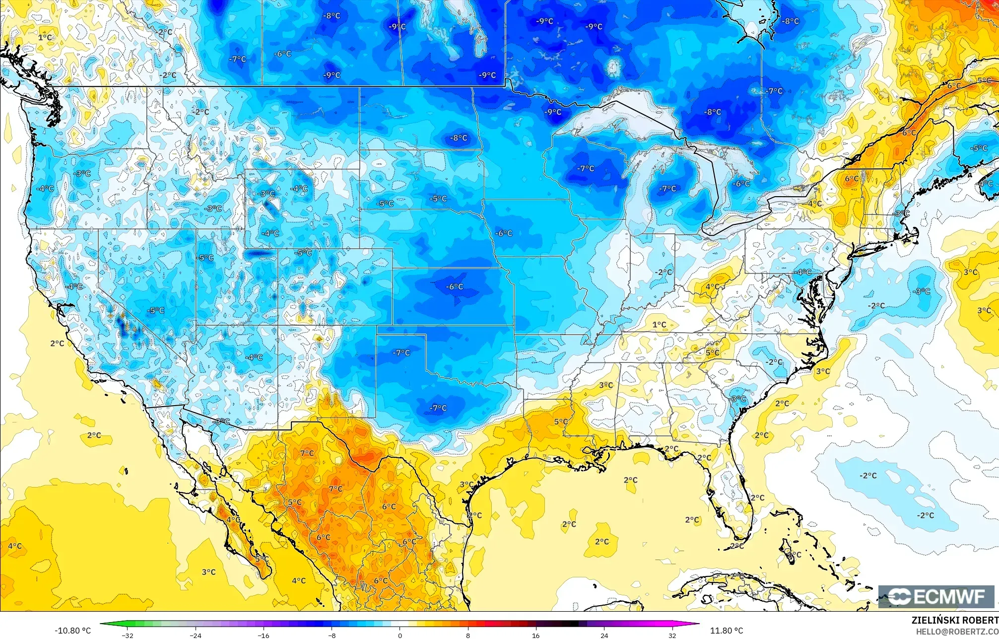 ECMWF IFS 0,25° modelo - Estados Unidos, Anomalia de temperatura a 2 m