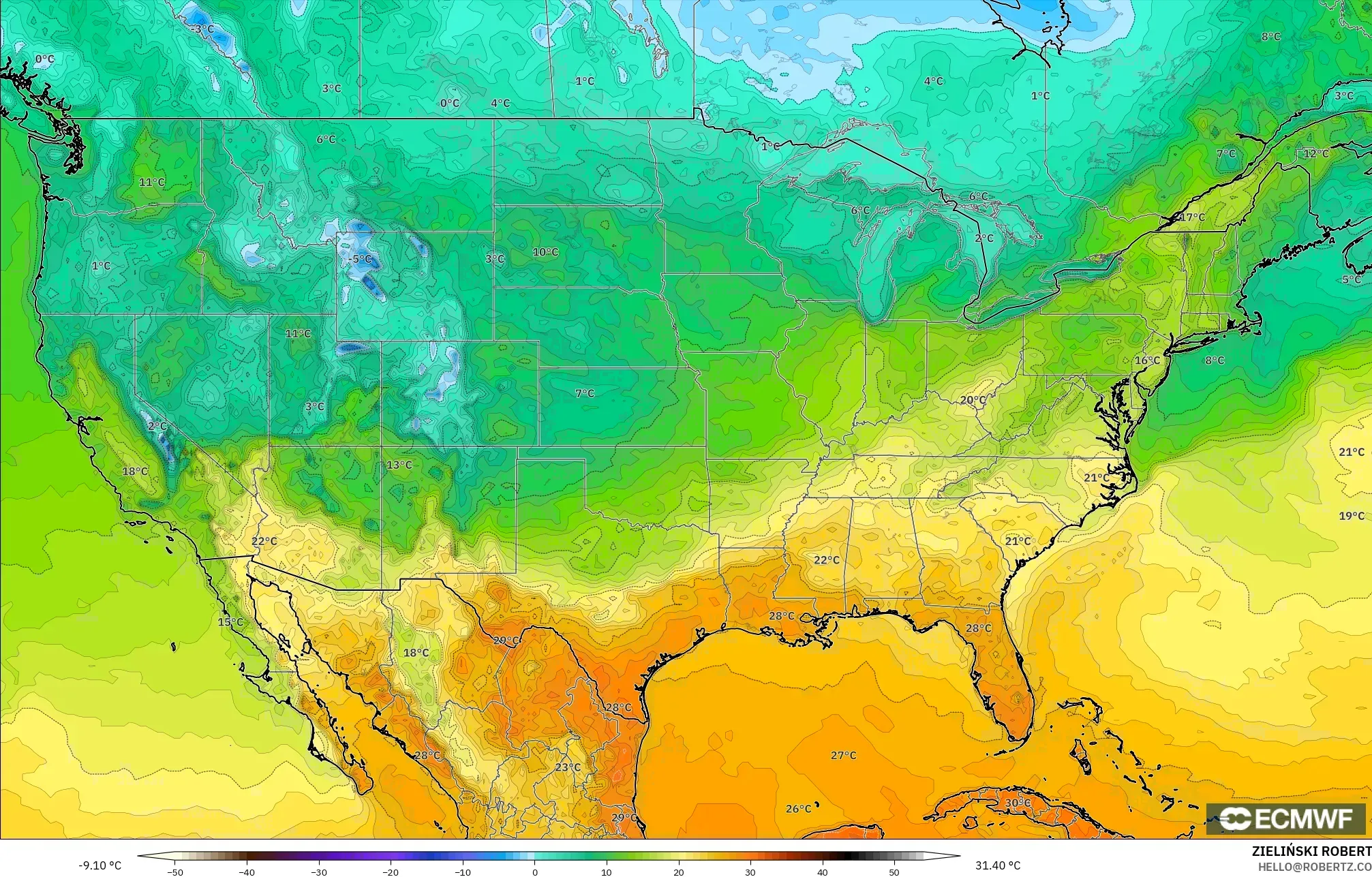 ECMWF IFS 0,25° modelo - Estados Unidos, Temperatura a 2 m