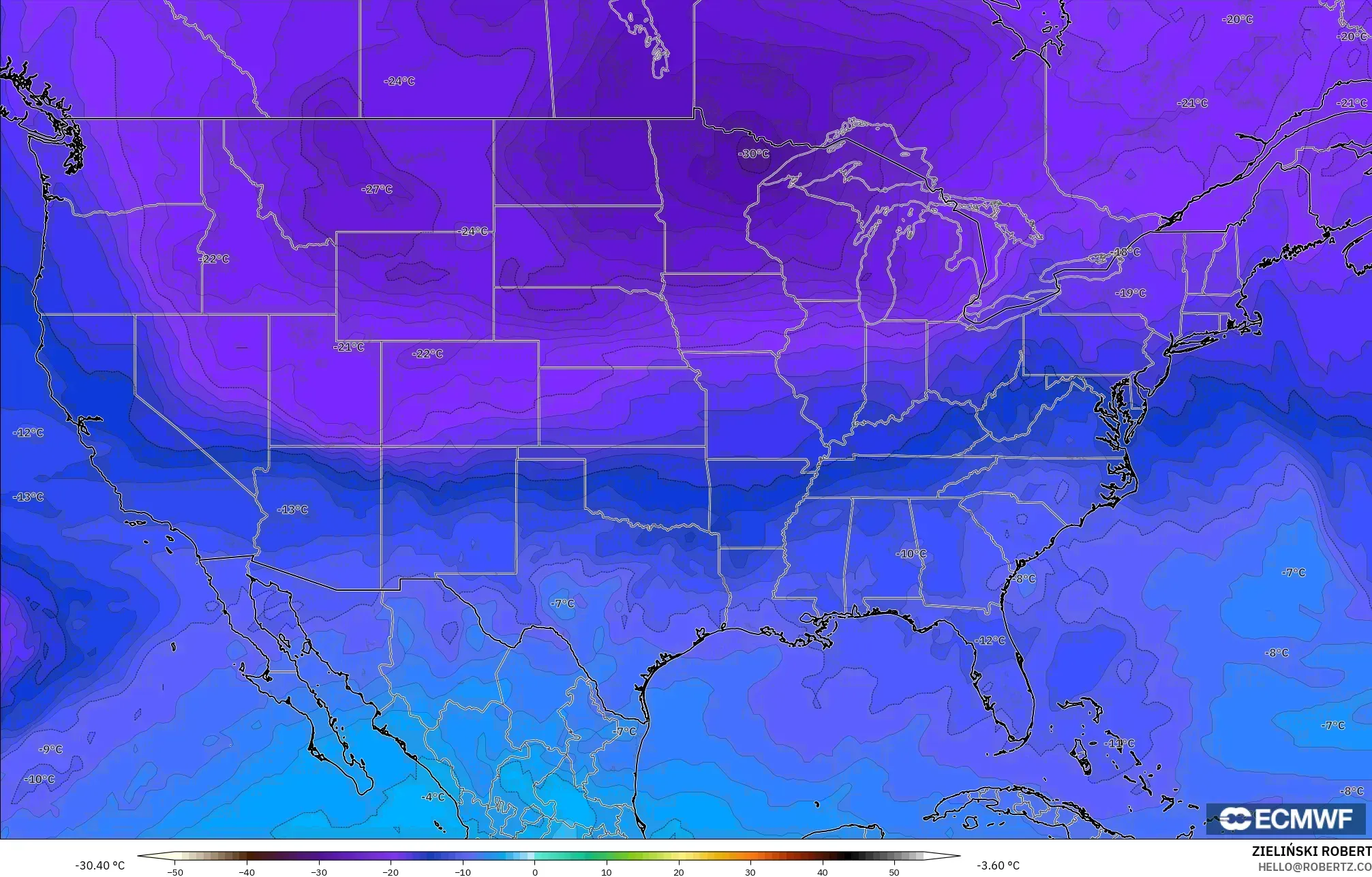 ECMWF IFS 0,25° modelo - Estados Unidos, Temperatura a 500 hPa