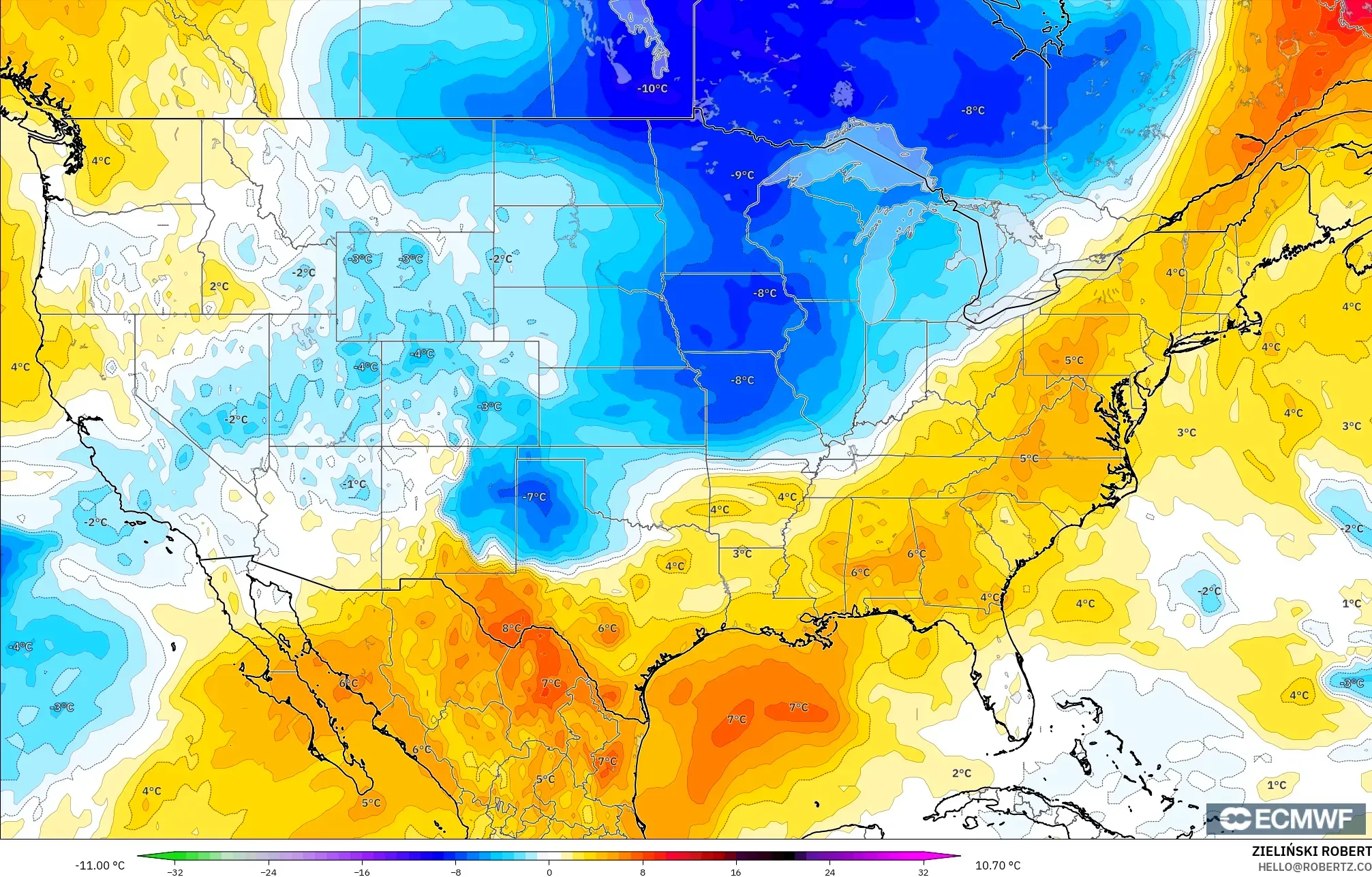 ECMWF IFS 0,25° modelo - Estados Unidos, Anomalia de temperatura a 850 hPa
