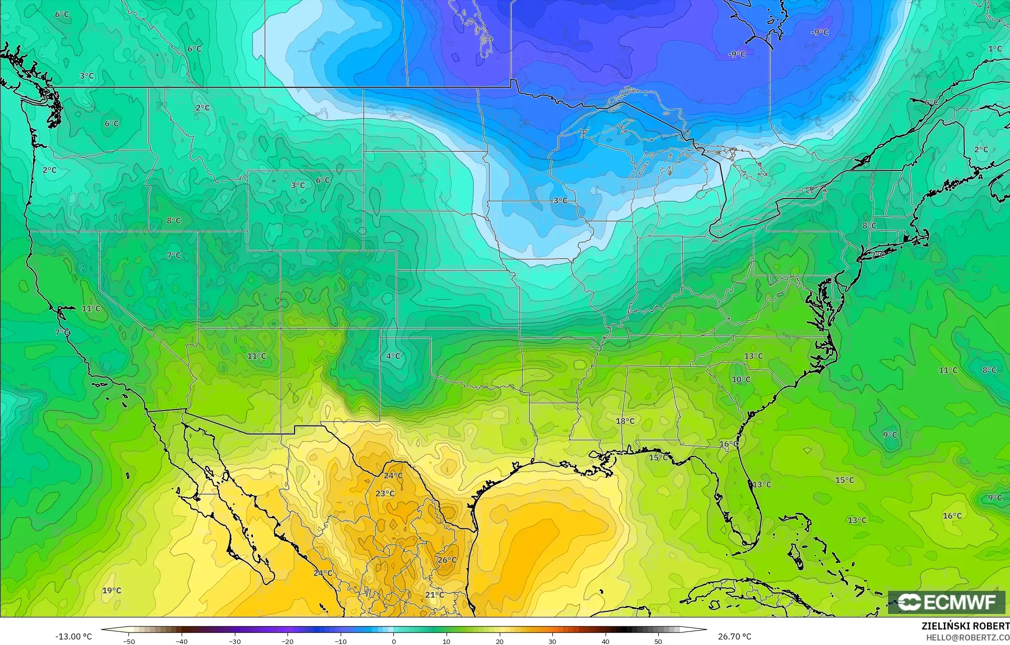 ECMWF IFS 0,25° modelo - Estados Unidos, Temperatura a 850 hPa