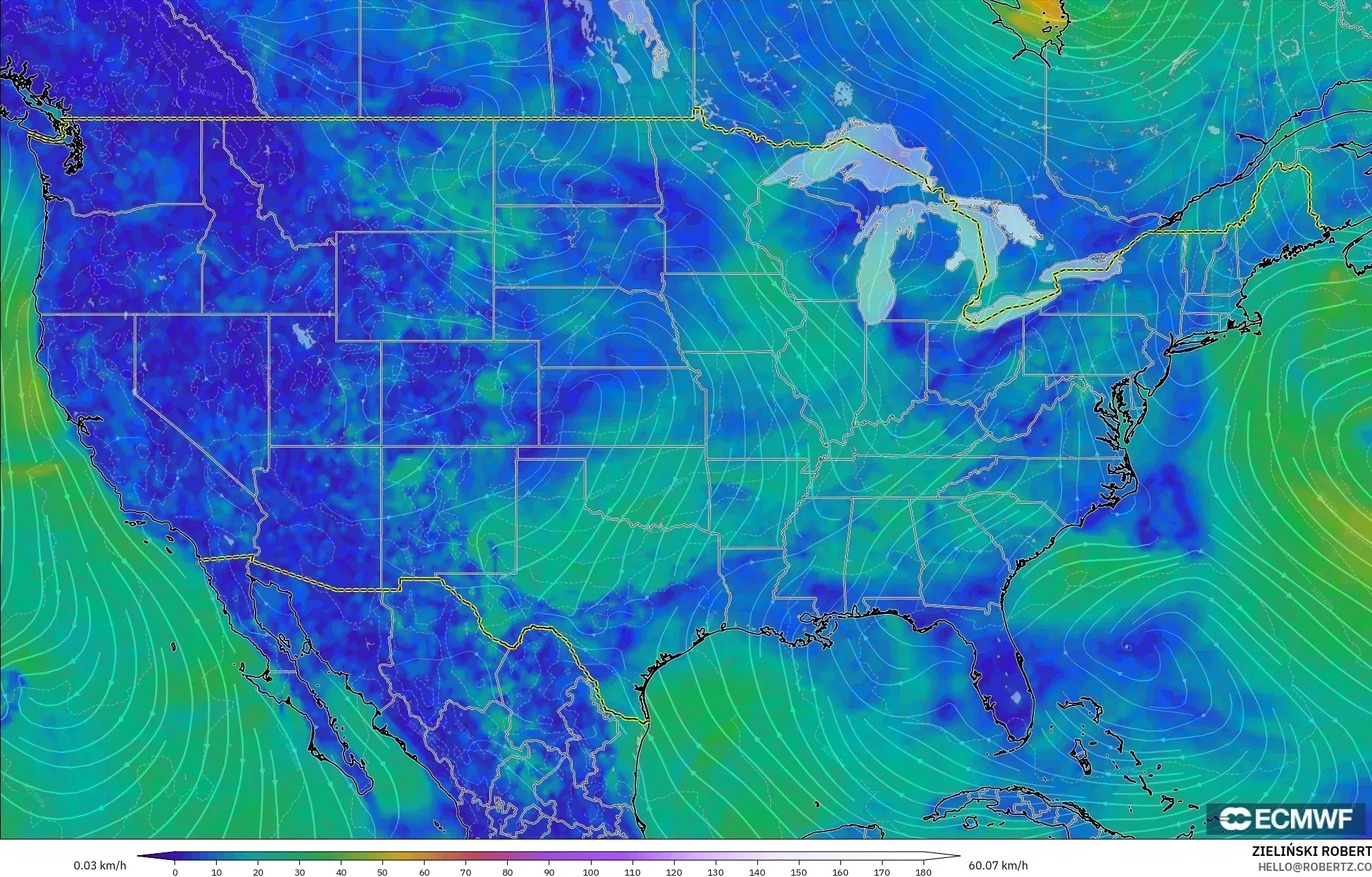 ECMWF IFS 0,25° modelo - Estados Unidos, Vento a 10 m