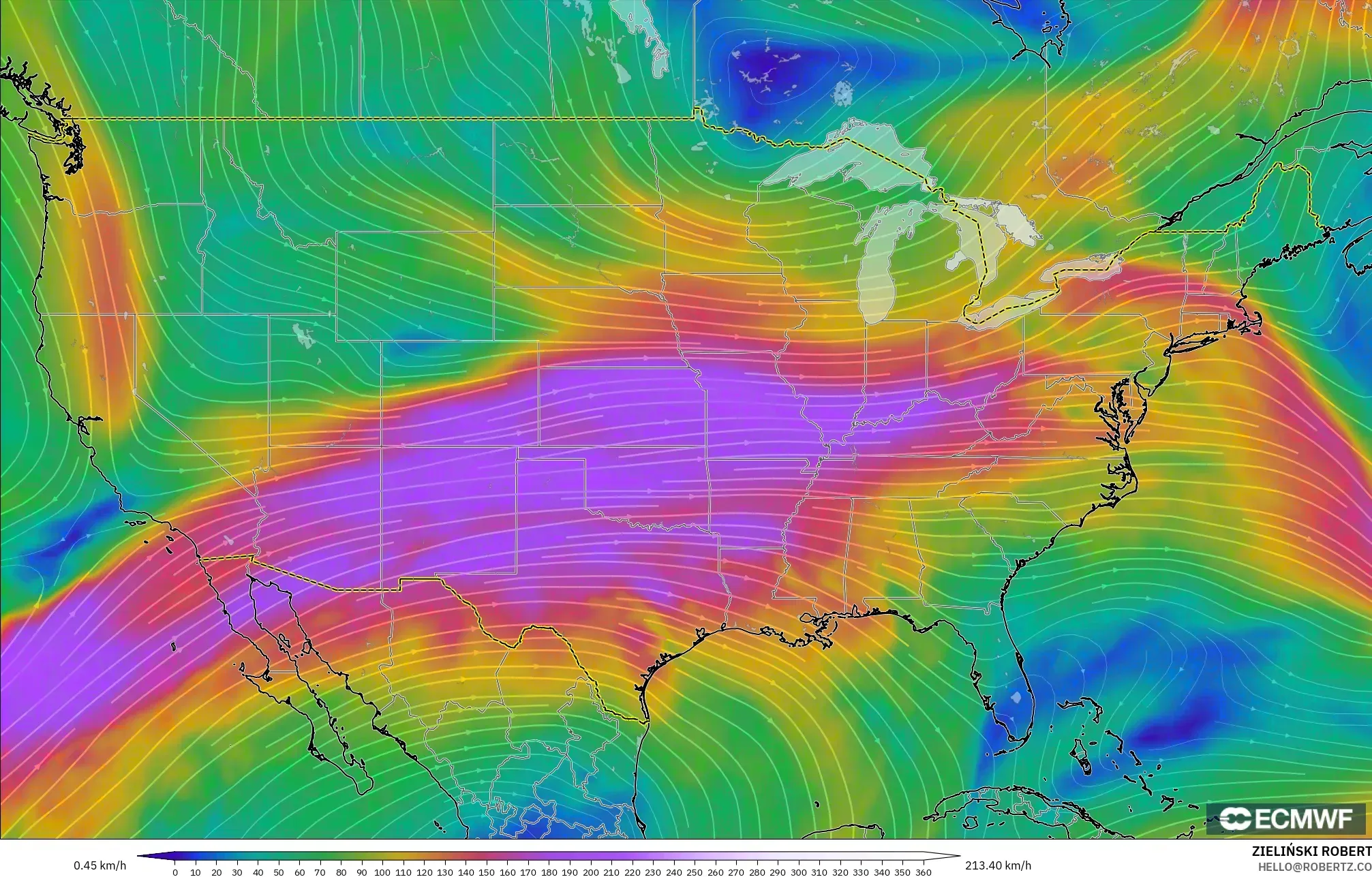 ECMWF IFS 0,25° modelo - Estados Unidos, Vento a 300 hPa (corrente em jato)