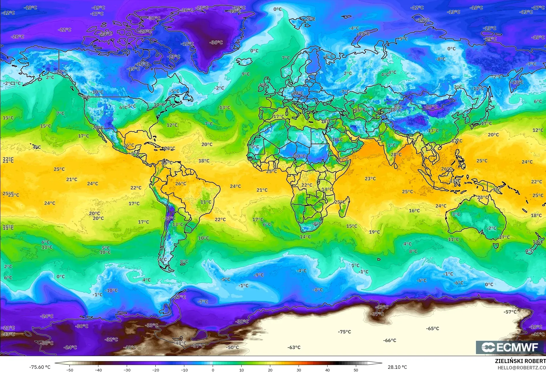 ECMWF IFS 0,25° modelo - Mundo, Ponto de orvalho a 2 m