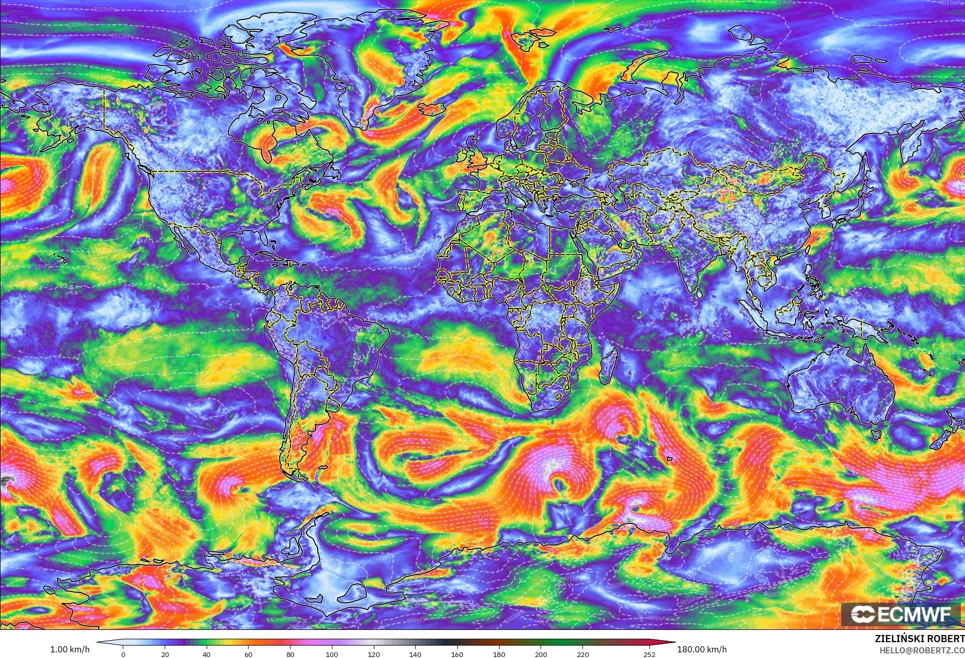 ECMWF IFS 0,25° modelo - Mundo, Rajadas de Vento Máximas