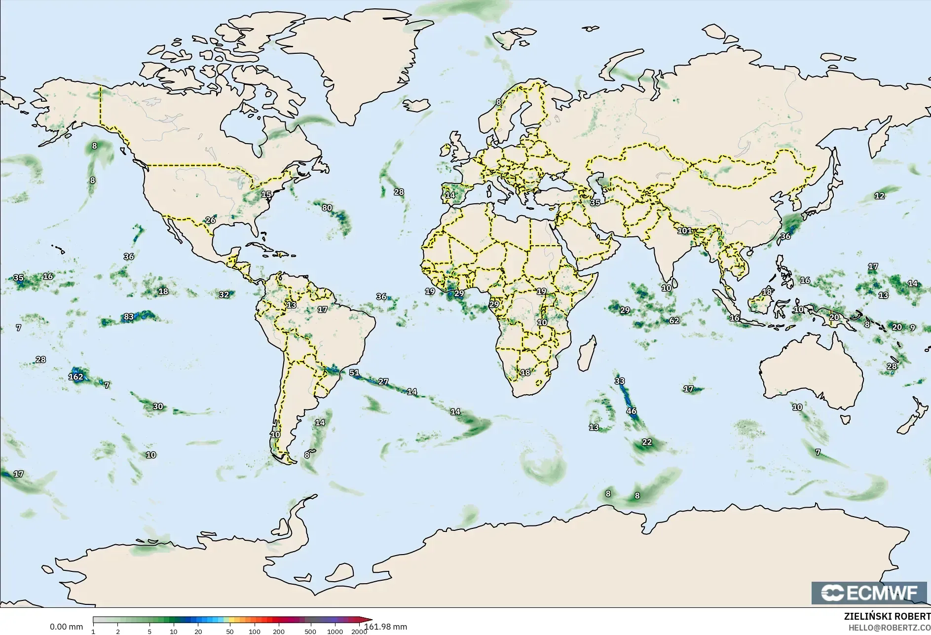 ECMWF IFS 0,25° modelo - Mundo, Acúmulo de precipitação