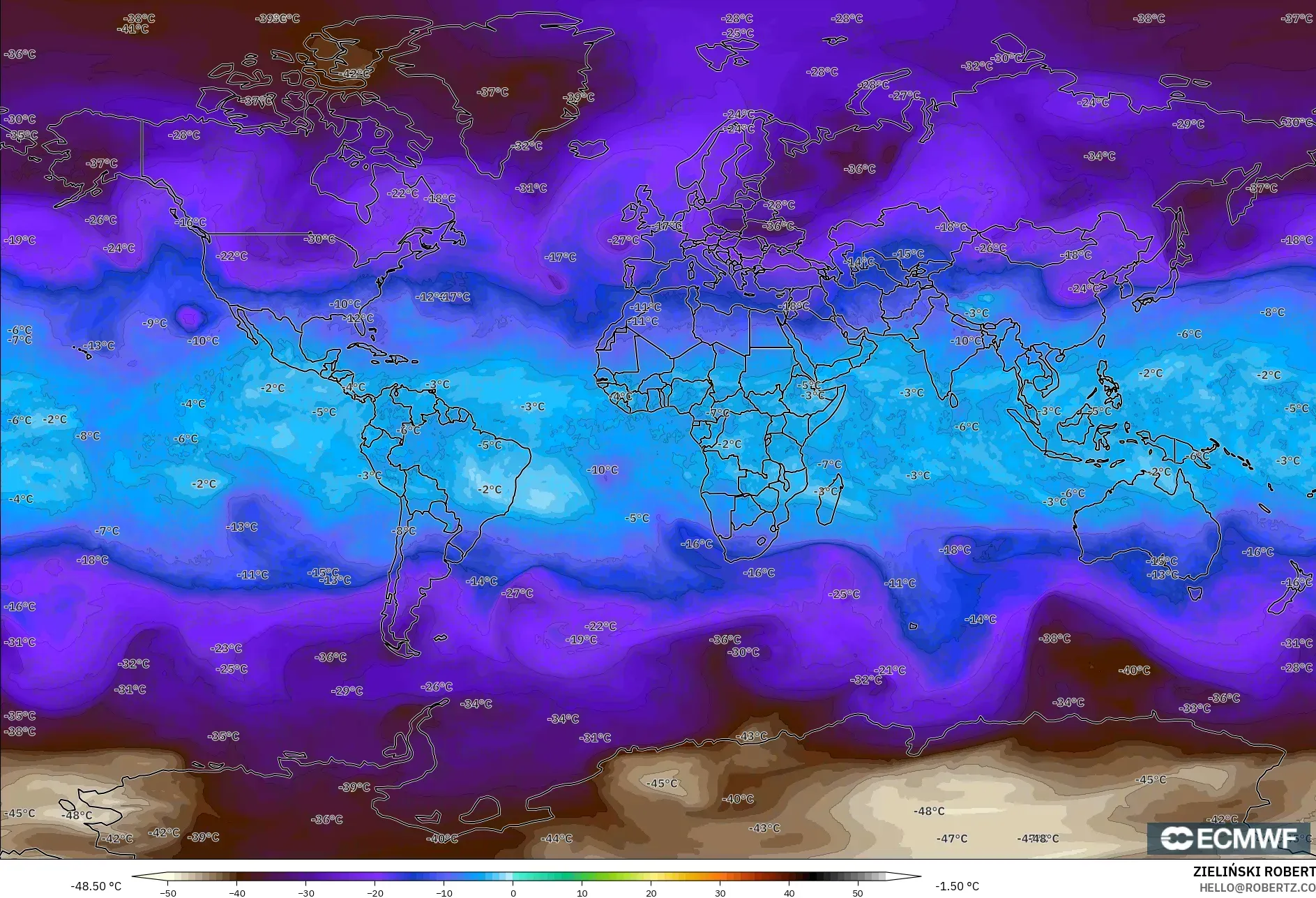ECMWF IFS 0,25° modelo - Mundo, Temperatura a 500 hPa