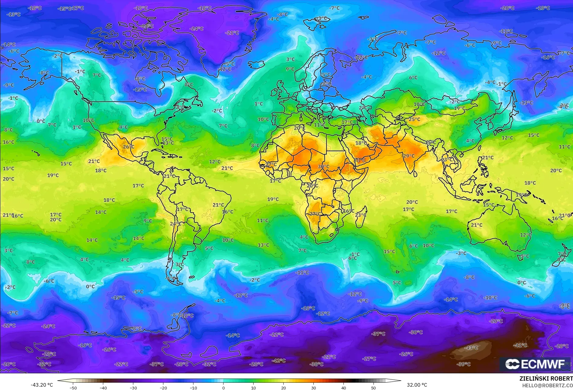 ECMWF IFS 0,25° modelo - Mundo, Temperatura a 850 hPa