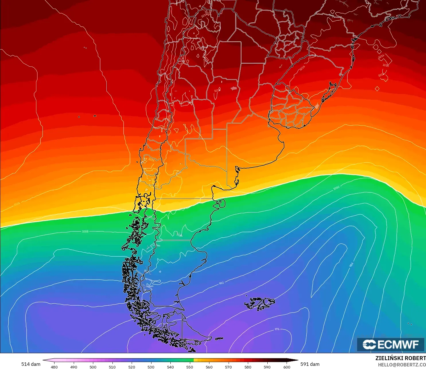 ECMWF IFS 0,25° modelo - Argentina, Altura geopotencial a 500 hPa