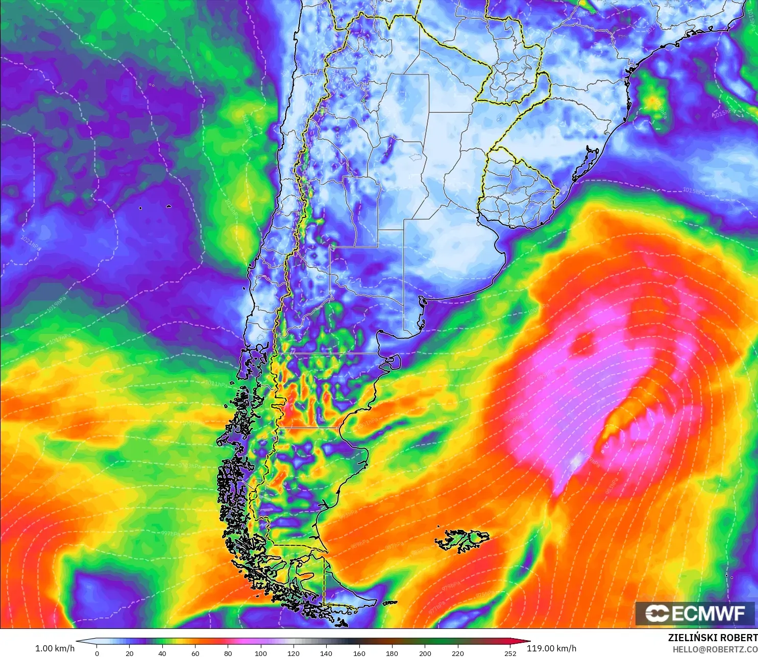 ECMWF IFS 0,25° modelo - Argentina, Rajadas de Vento Máximas