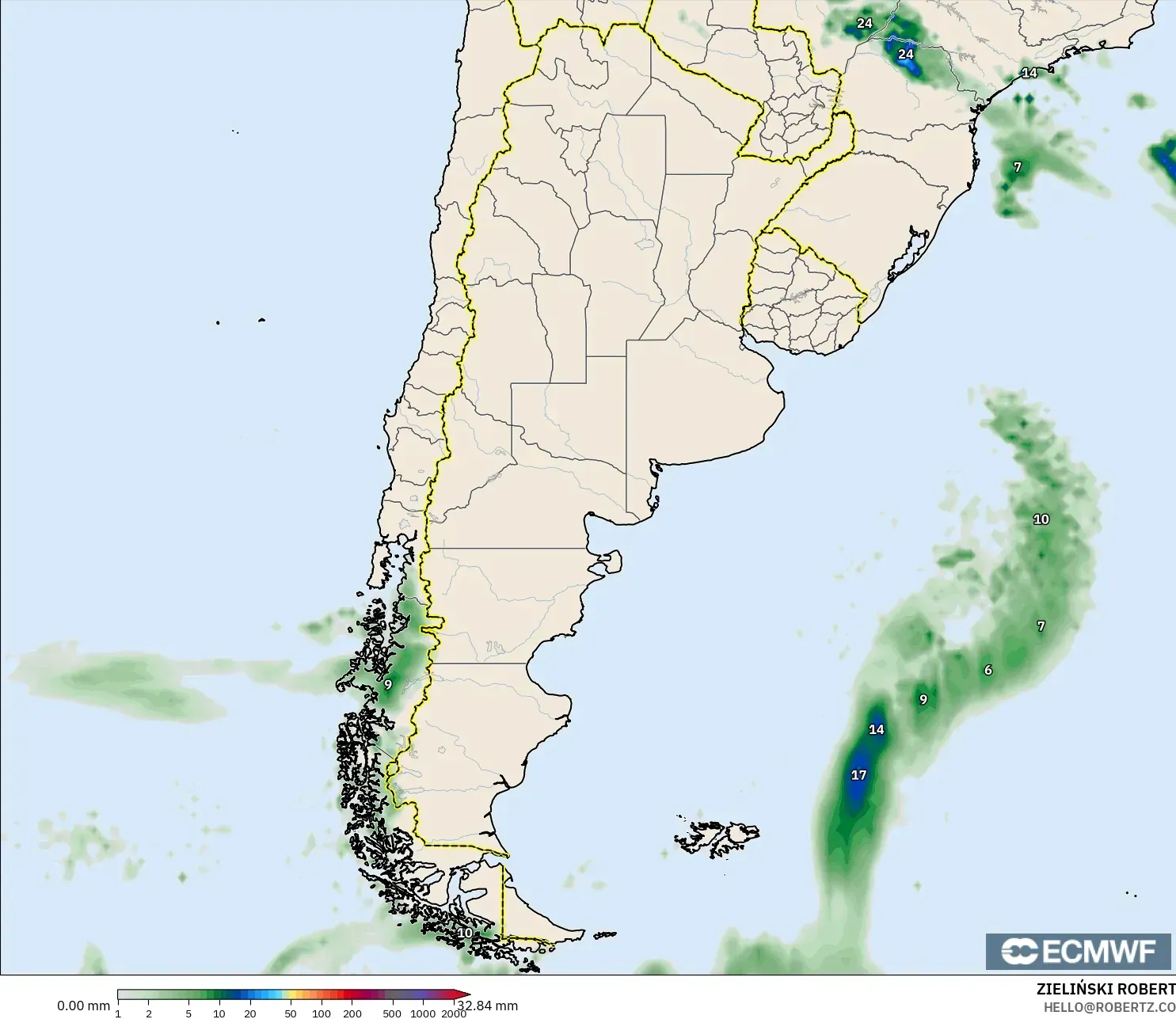 ECMWF IFS 0,25° modelo - Argentina, Acúmulo de precipitação