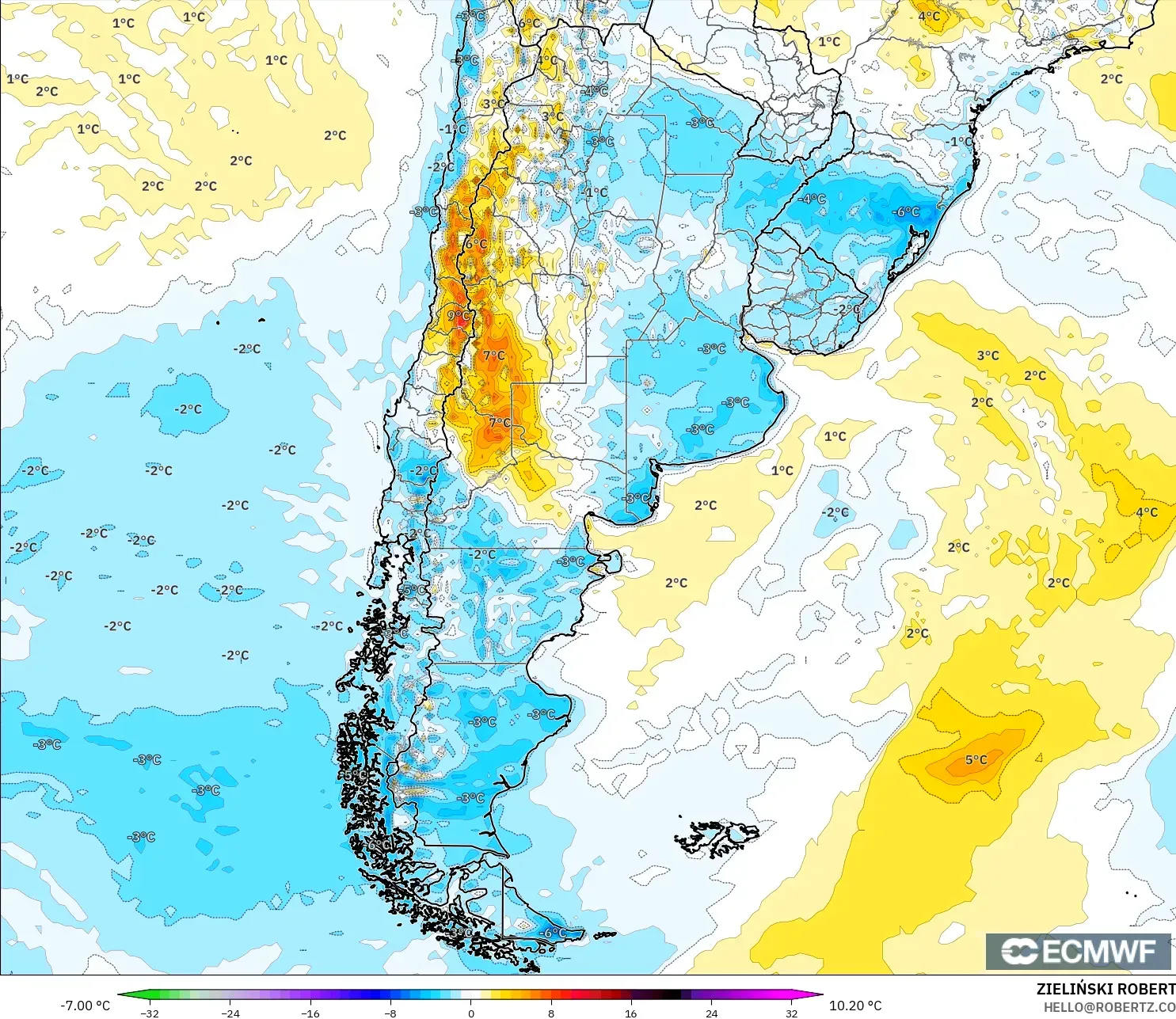 ECMWF IFS 0,25° modelo - Argentina, Anomalia de temperatura a 2 m