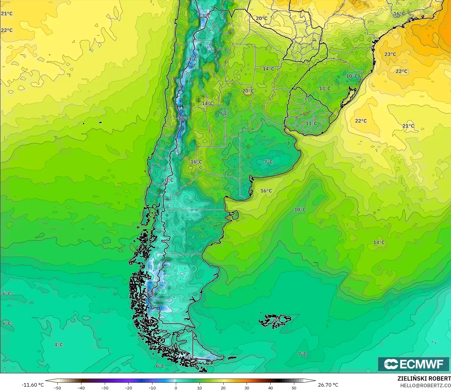 ECMWF IFS 0,25° modelo - Argentina, Temperatura a 2 m