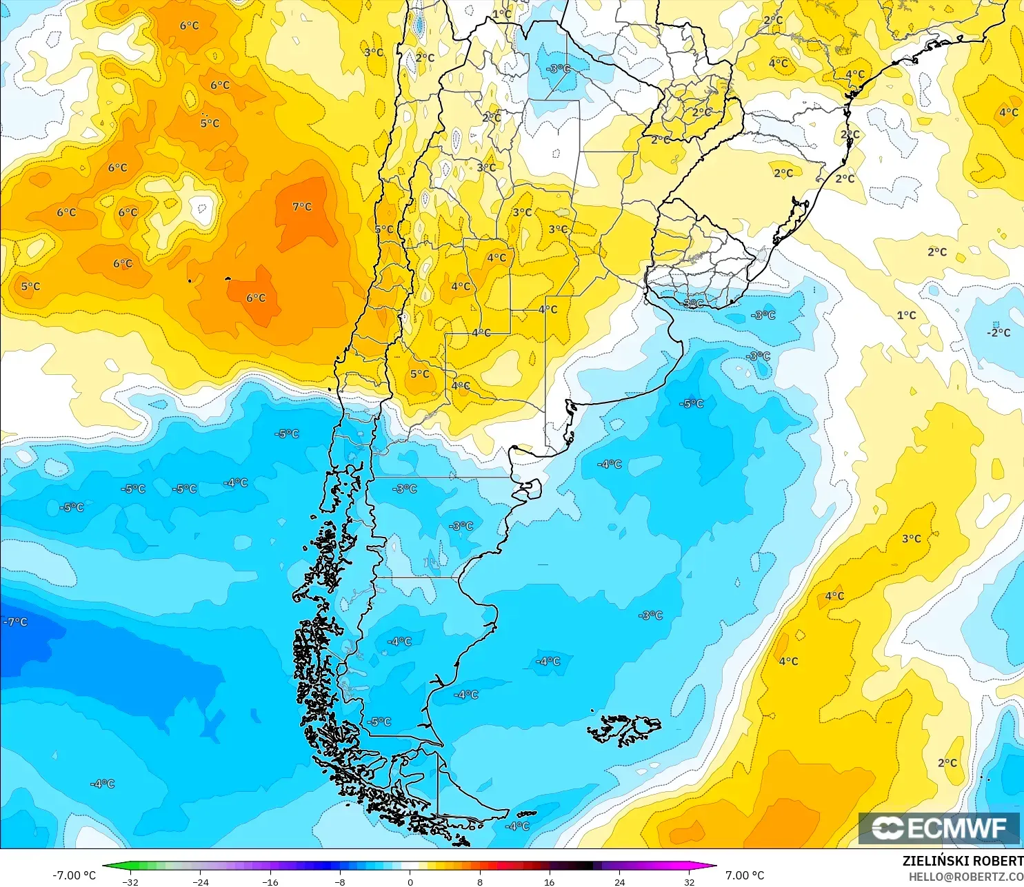 ECMWF IFS 0,25° modelo - Argentina, Anomalia de temperatura a 850 hPa
