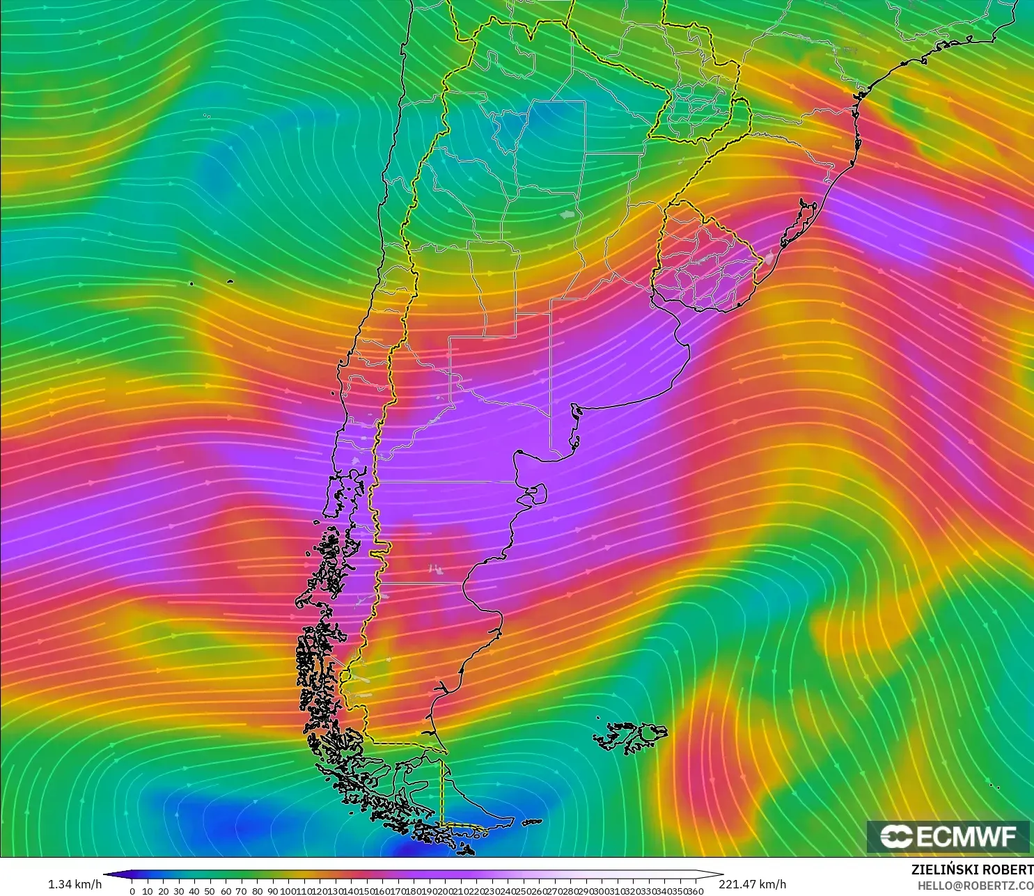 ECMWF IFS 0,25° modelo - Argentina, Vento a 300 hPa (corrente em jato)