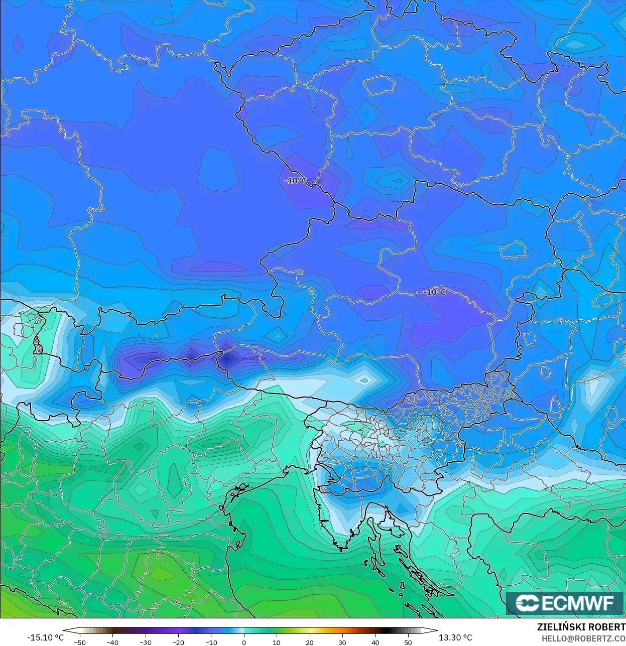 ECMWF IFS 0,25° modelo - Áustria, Ponto de orvalho a 2 m