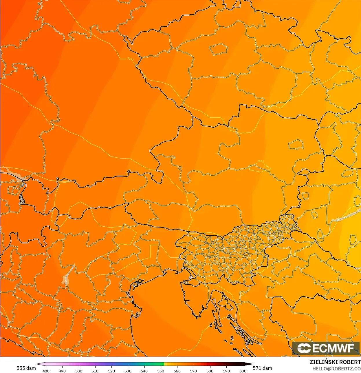 ECMWF IFS 0,25° modelo - Áustria, Altura geopotencial a 500 hPa