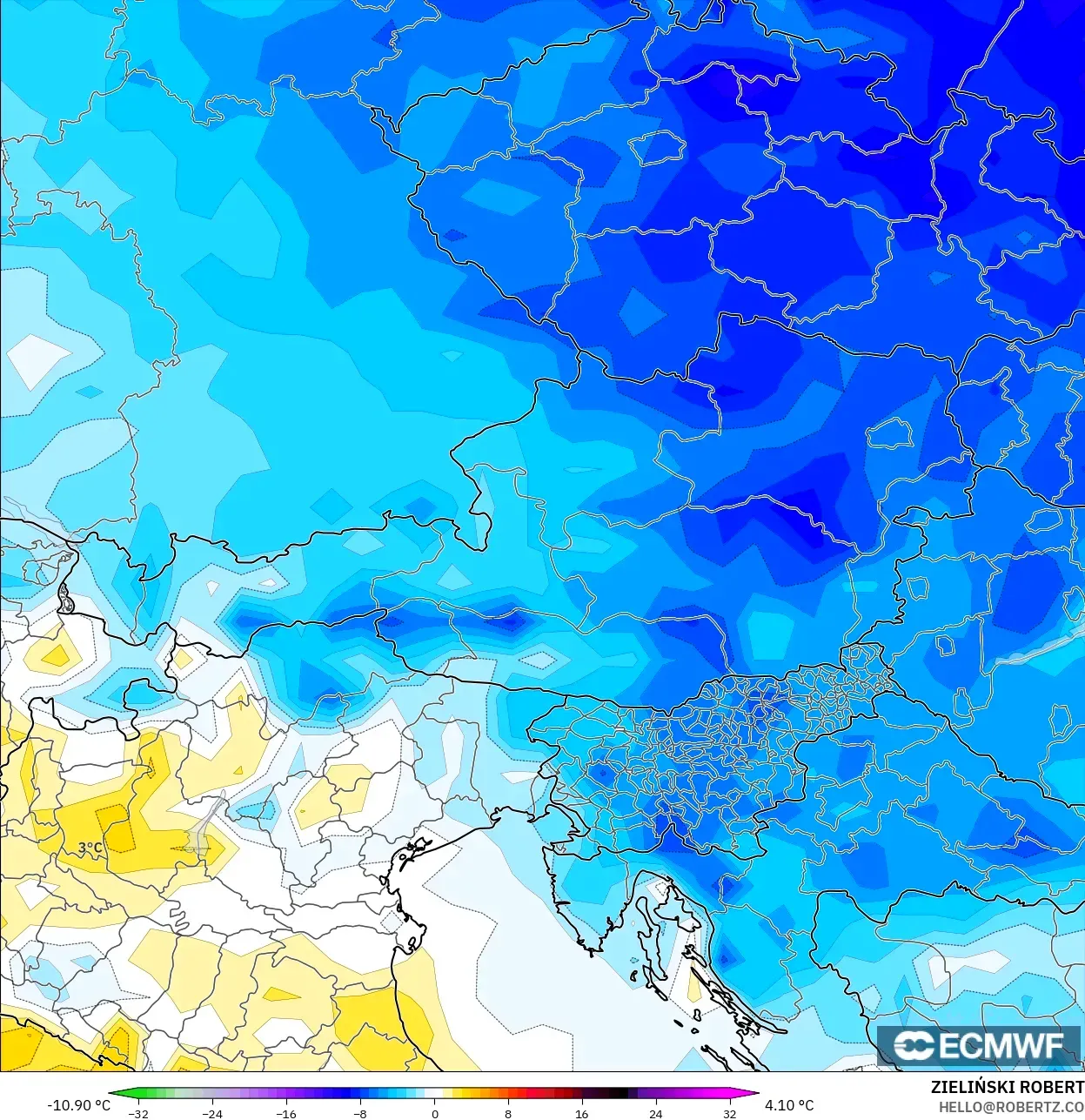 ECMWF IFS 0,25° modelo - Áustria, Anomalia de temperatura a 2 m