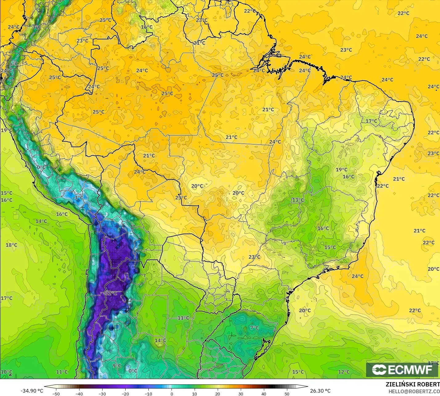 ECMWF IFS 0,25° modelo - Brasil, Ponto de orvalho a 2 m