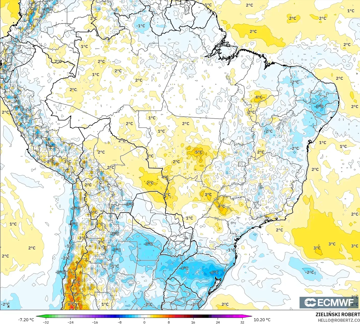 ECMWF IFS 0,25° modelo - Brasil, Anomalia de temperatura a 2 m
