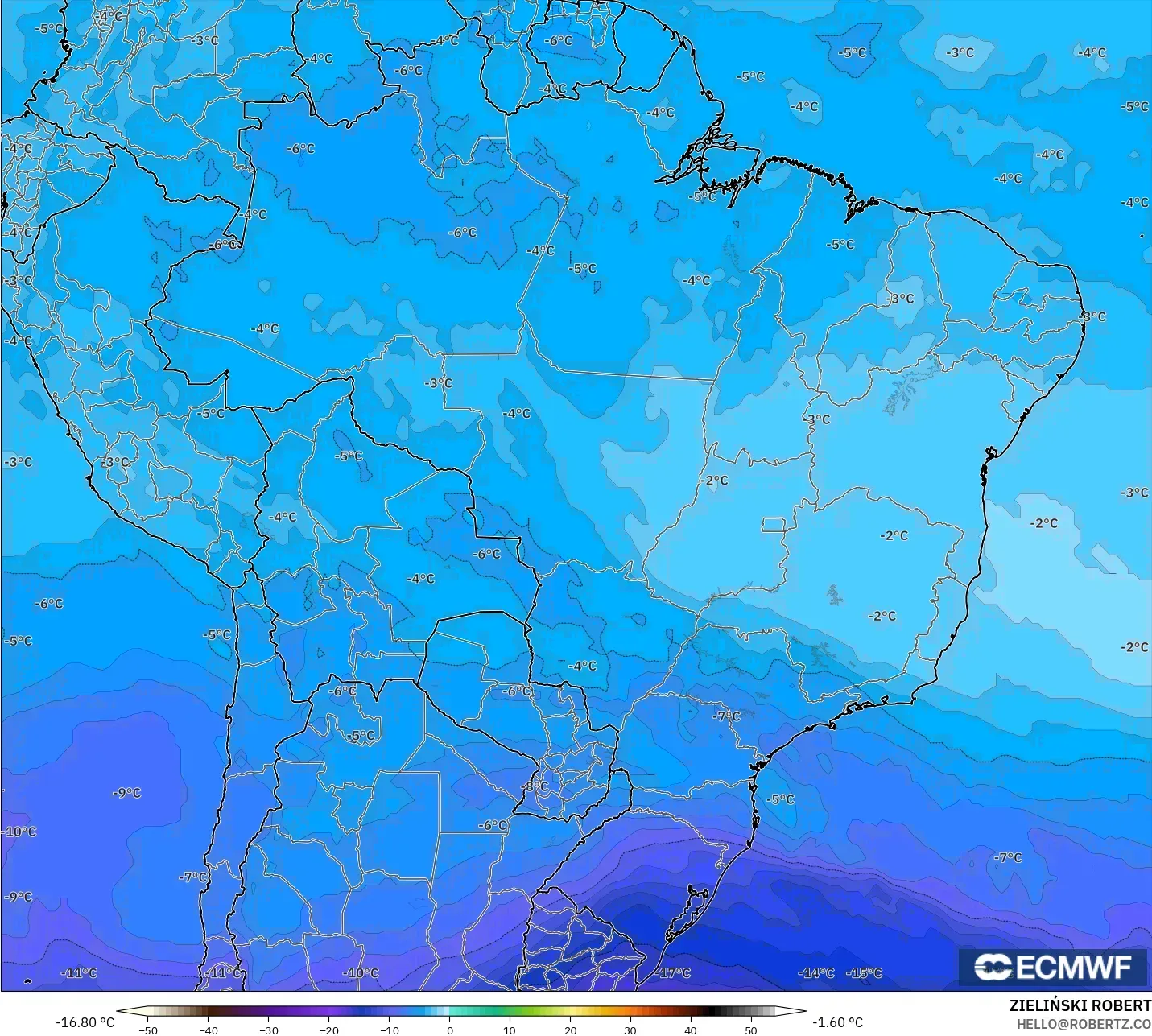 ECMWF IFS 0,25° modelo - Brasil, Temperatura a 500 hPa