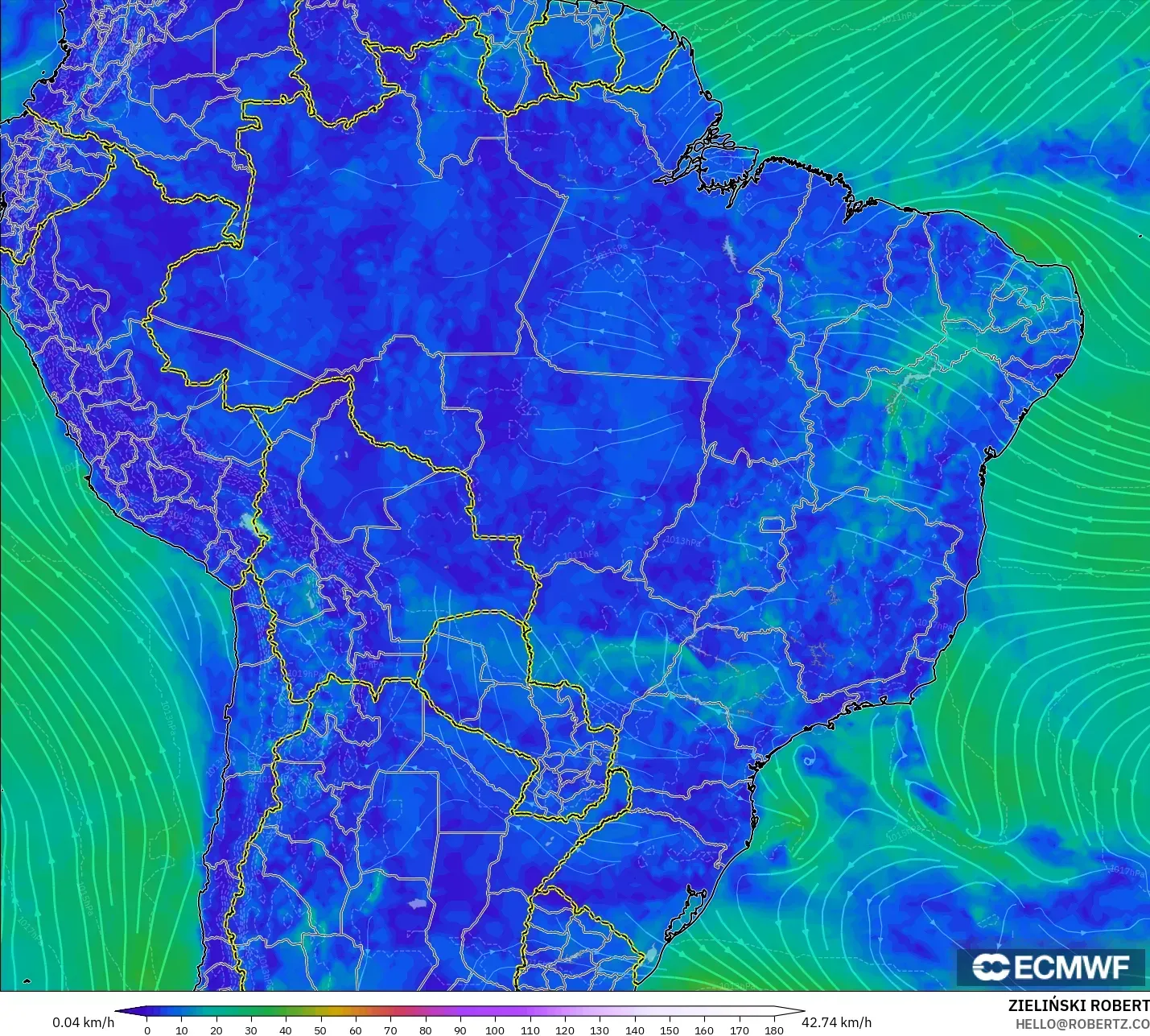 ECMWF IFS 0,25° modelo - Brasil, Vento a 10 m
