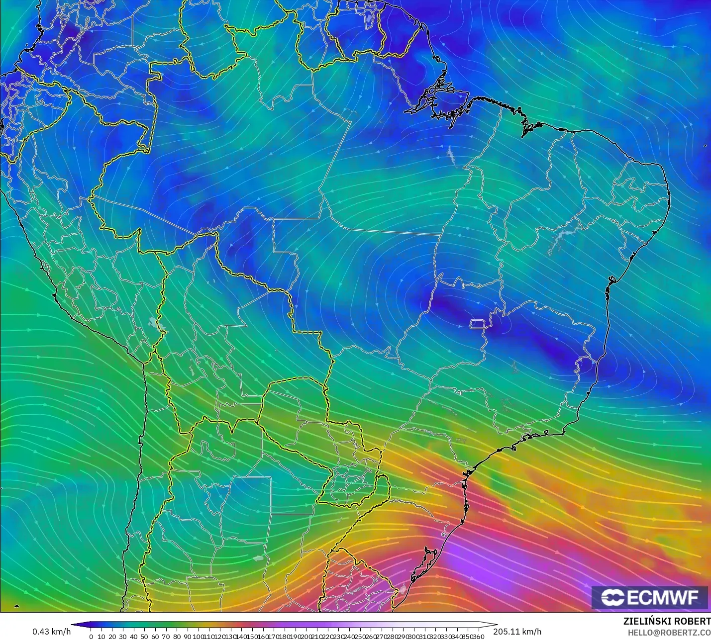 ECMWF IFS 0,25° modelo - Brasil, Vento a 300 hPa (corrente em jato)