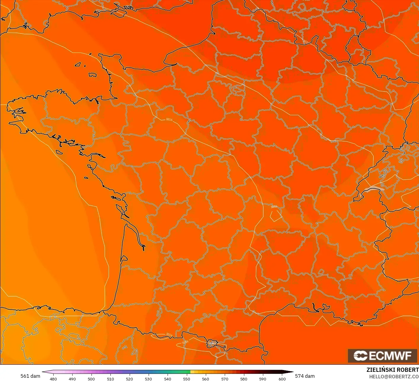 ECMWF IFS 0,25° modelo - França, Altura geopotencial a 500 hPa