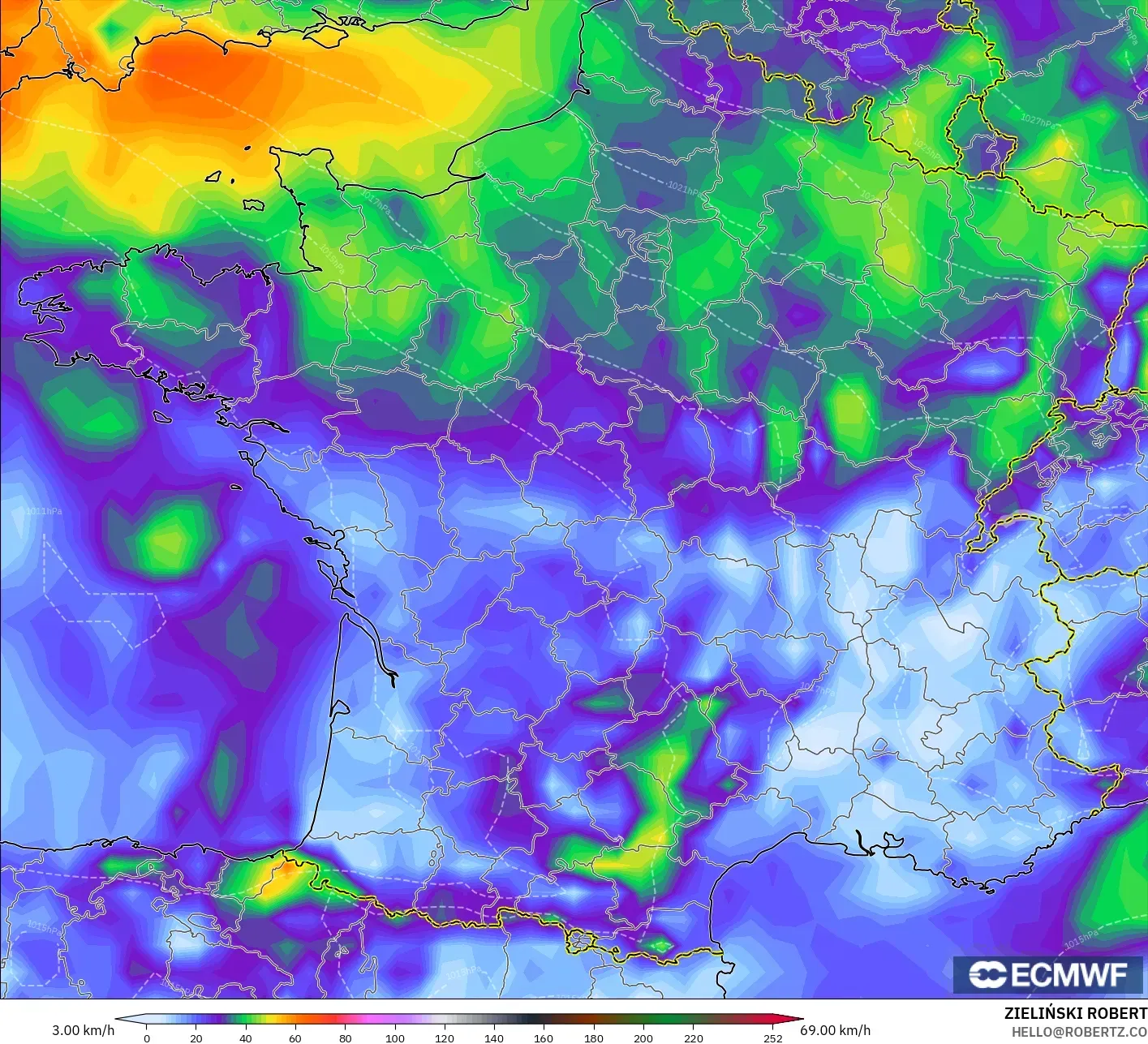 ECMWF IFS 0,25° modelo - França, Rajadas de Vento Máximas