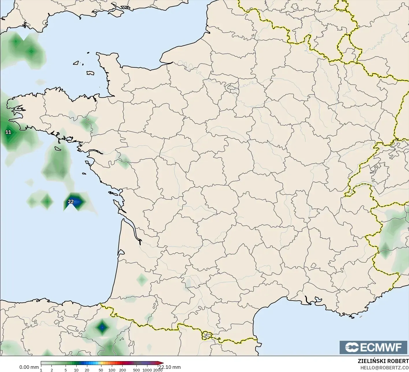 ECMWF IFS 0,25° modelo - França, Acúmulo de precipitação