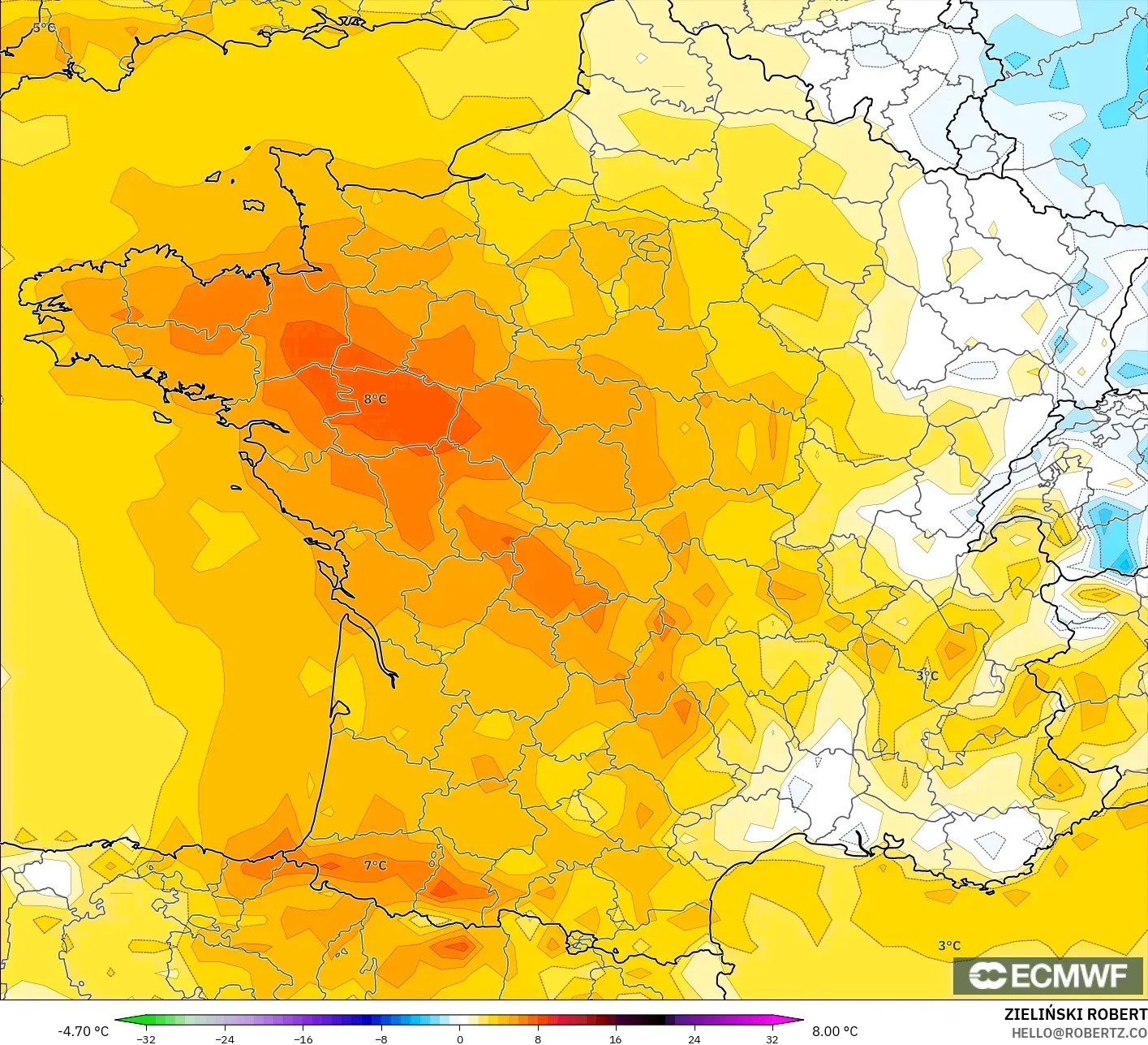 ECMWF IFS 0,25° modelo - França, Anomalia de temperatura a 2 m