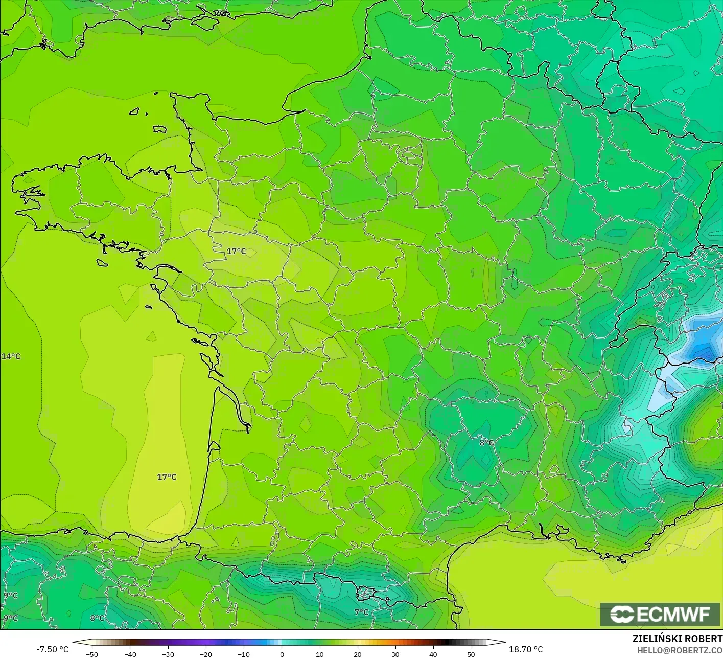 ECMWF IFS 0,25° modelo - França, Temperatura a 2 m