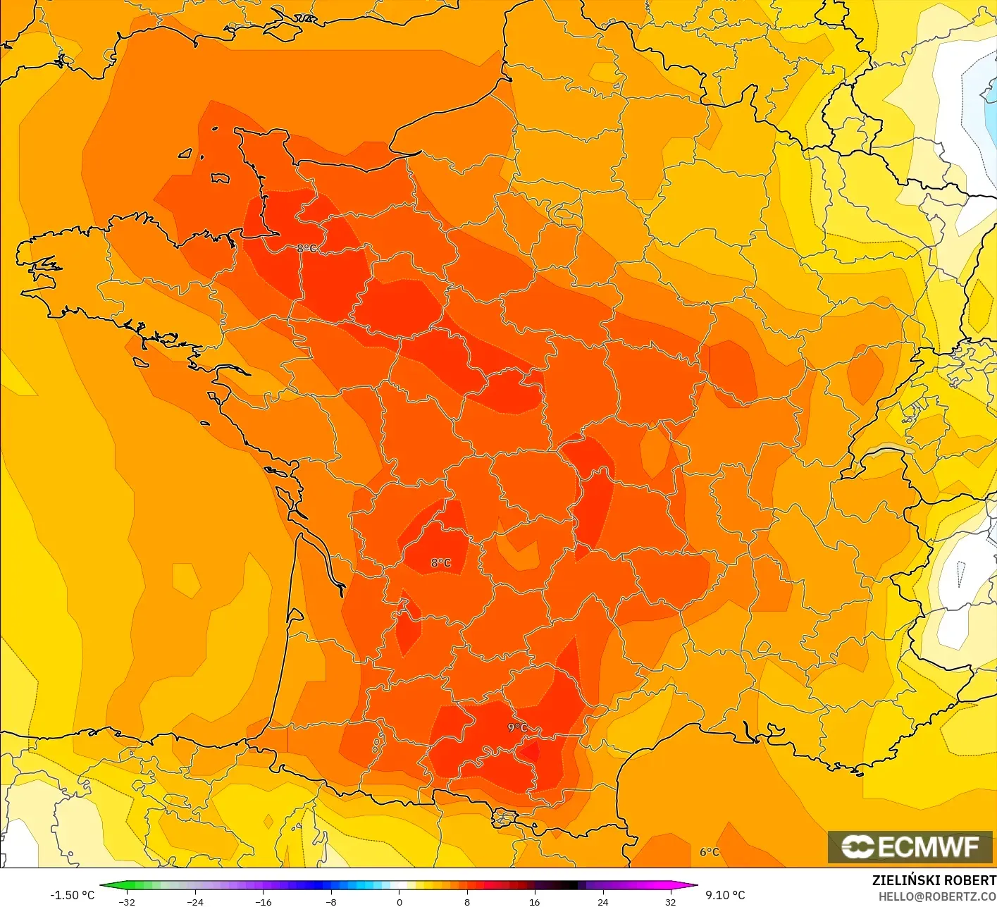 ECMWF IFS 0,25° modelo - França, Anomalia de temperatura a 850 hPa
